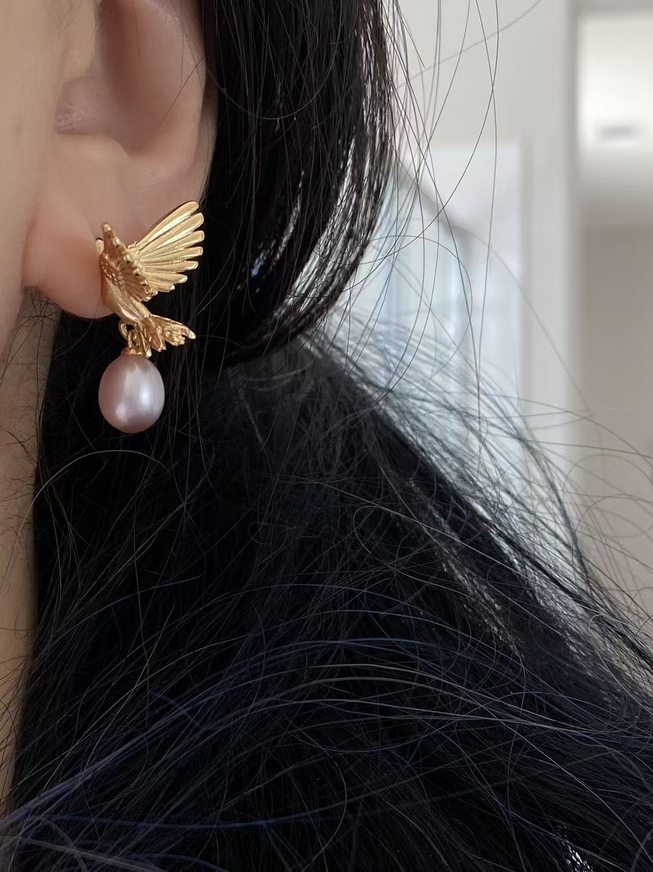 Gold Hummingbird Pearl Drop Earrings Nature Inspired Jewelry