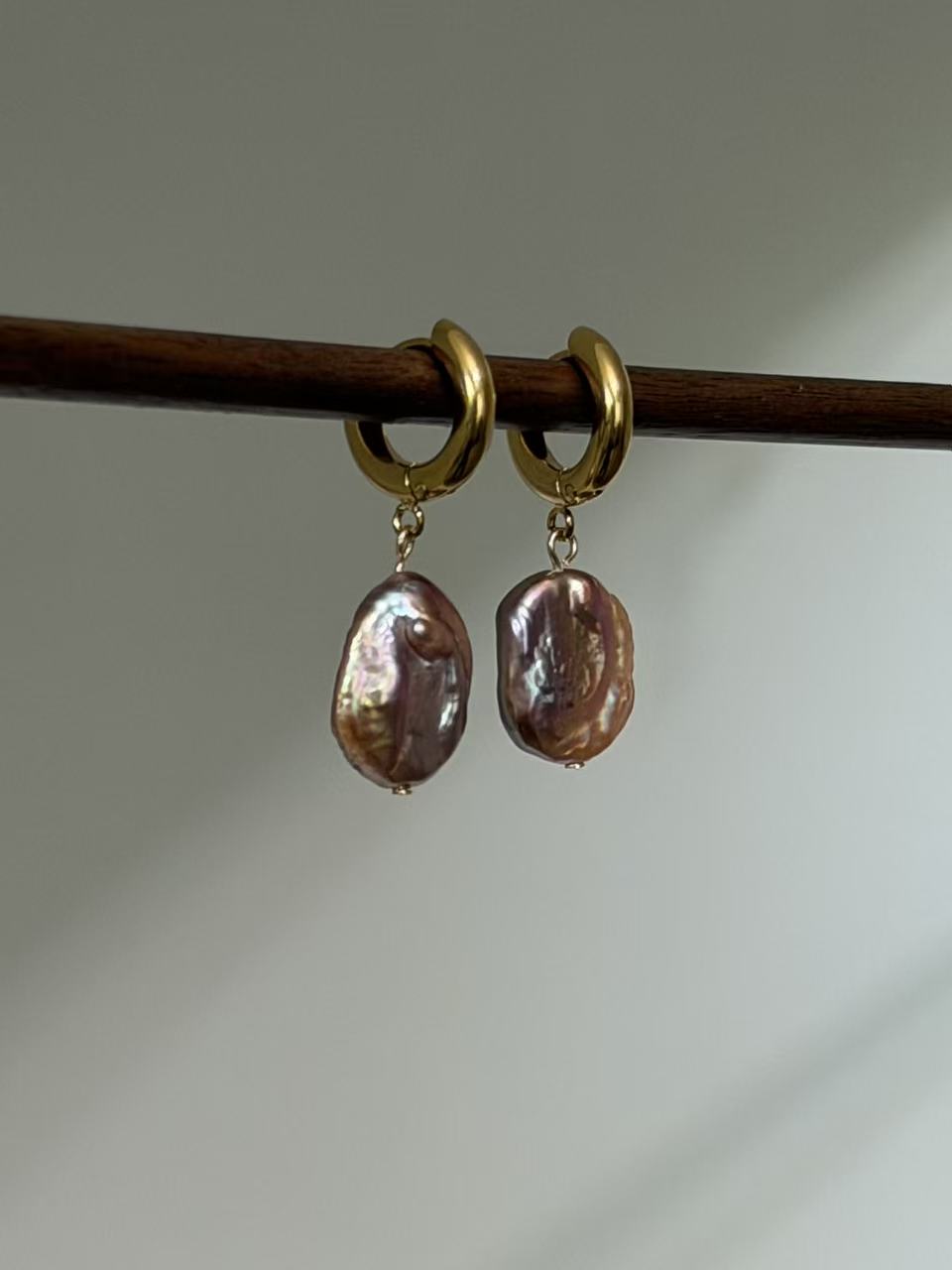 Iridescent Mermaid Pearl Hoop Earrings Baroque Oval Dangles