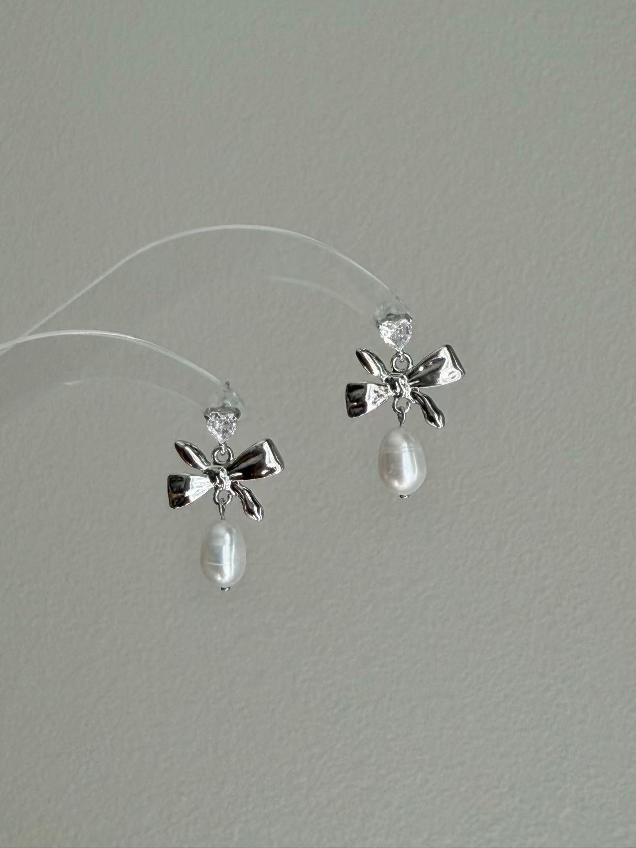Heart Zirconia Bow Pearl Earrings Vintage Coquette Jewelry