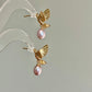 Gold Hummingbird Pearl Drop Earrings Nature Inspired Jewelry