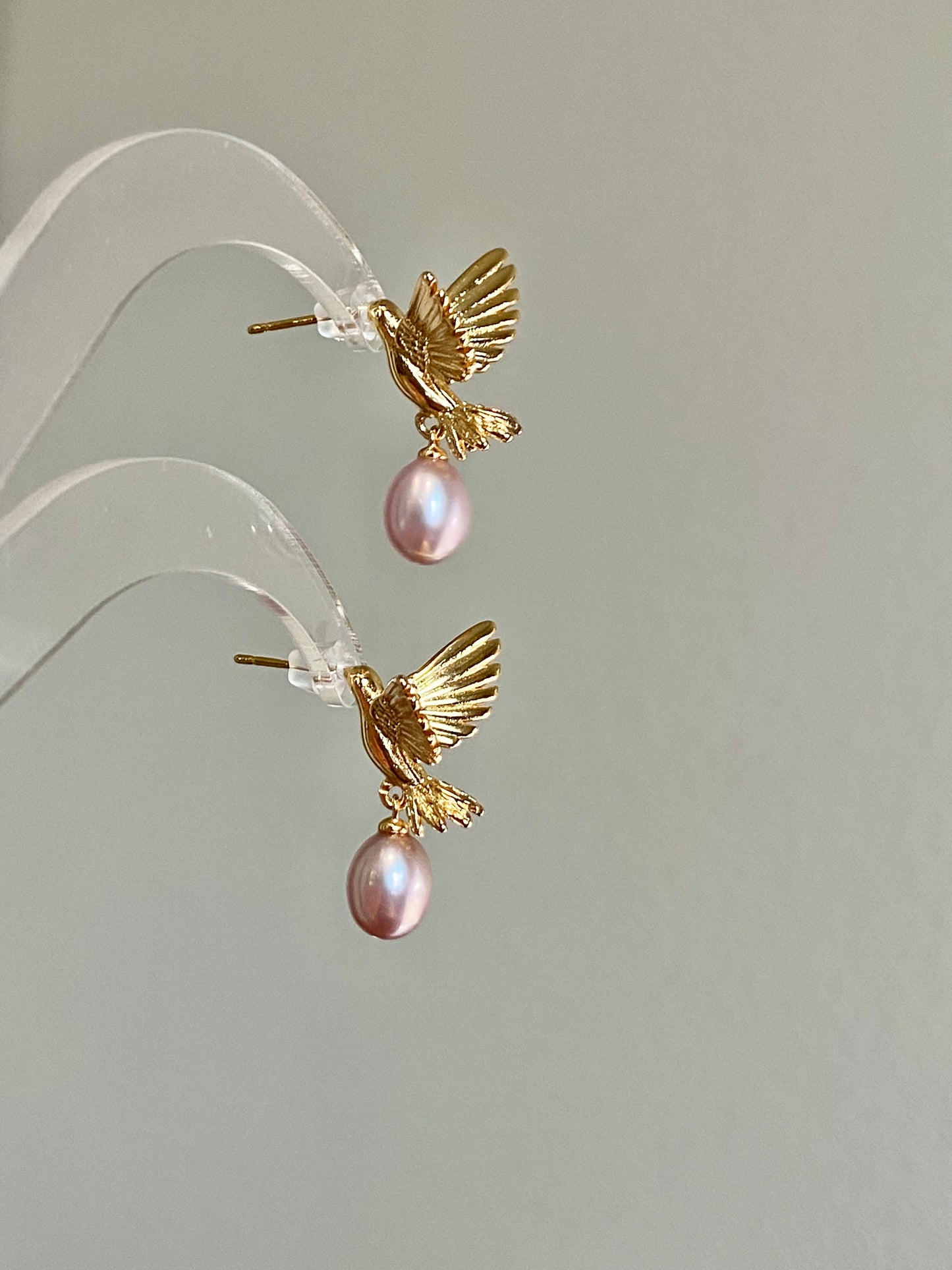 Gold Hummingbird Pearl Drop Earrings Nature Inspired Jewelry