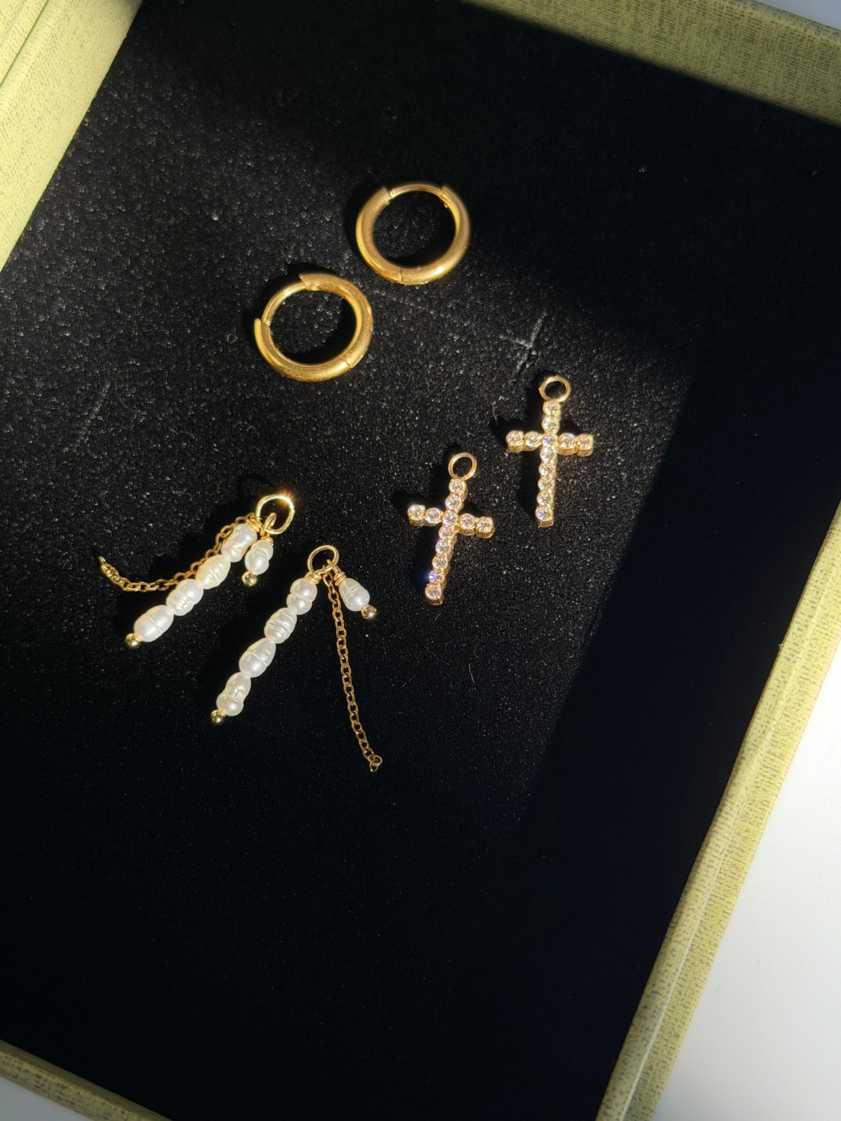 Gloria  Convertible CZ Cross & Pearl Charm Earrings