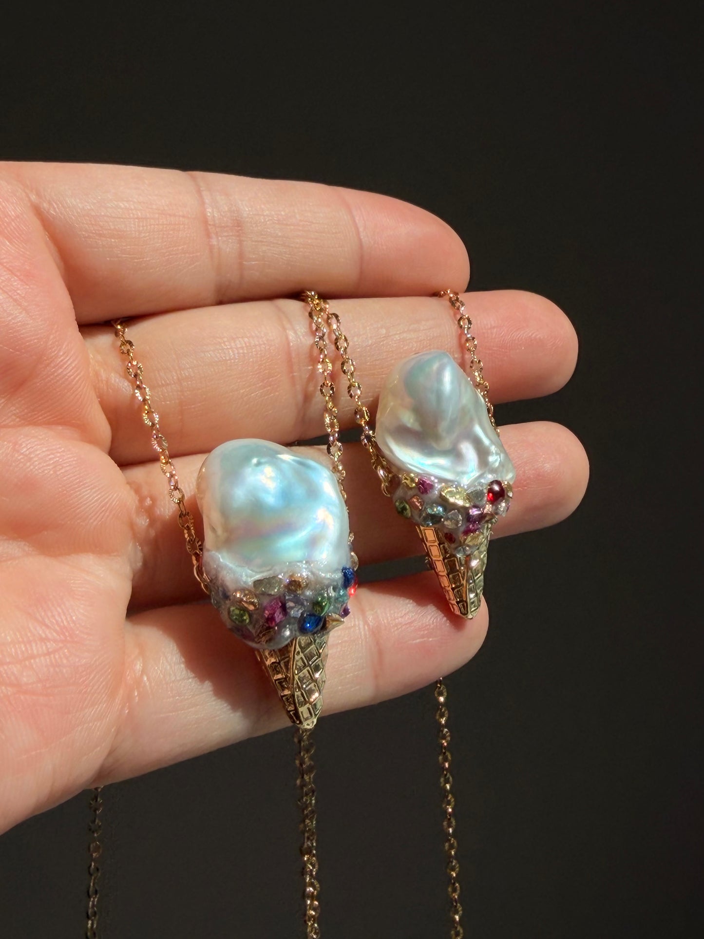 Baroque Pearl Ice Cream Cone Pendant Necklace Whimsical Jewelry