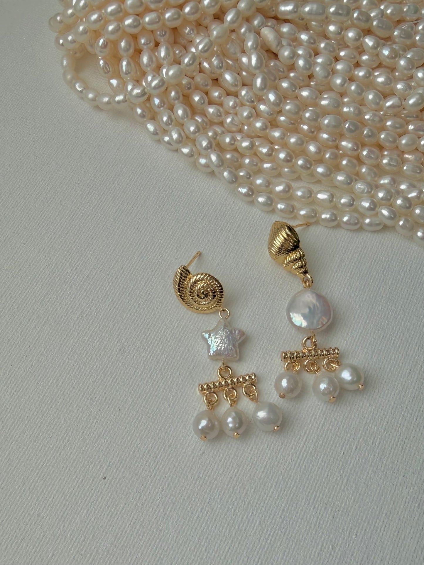 Unique Sun & Starfish Pearl Earrings, Baroque Star Pearl Chandelier, Nautical Gold Shell Dangles, Mermaid Core Jewelry, Ocean Gift for Her