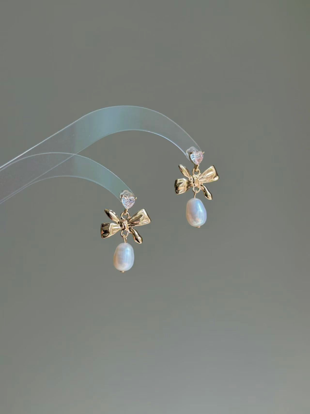 Heart Zirconia Bow Pearl Earrings Vintage Coquette Jewelry