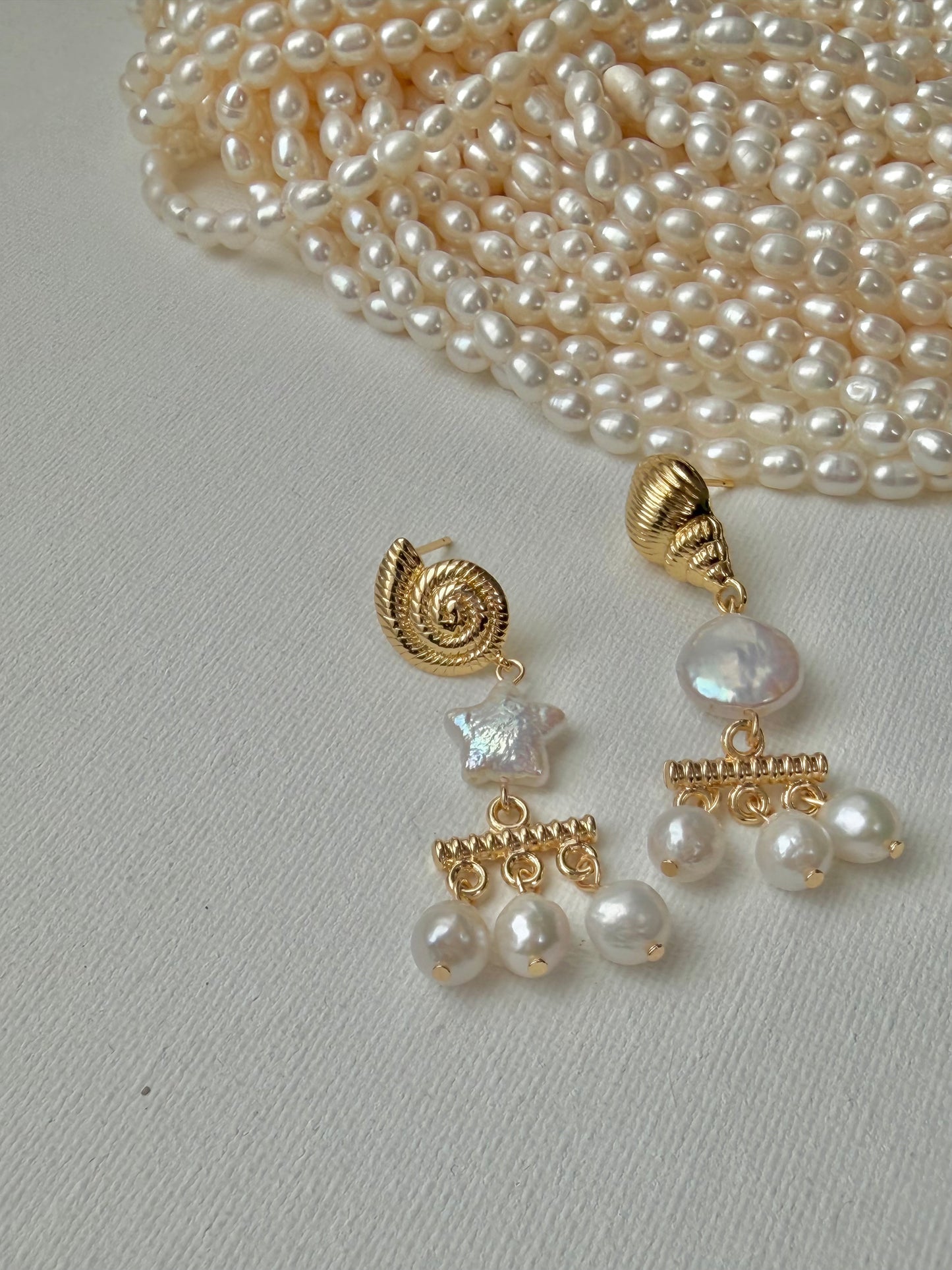 Unique Sun & Starfish Pearl Earrings, Baroque Star Pearl Chandelier, Nautical Gold Shell Dangles, Mermaid Core Jewelry, Ocean Gift for Her