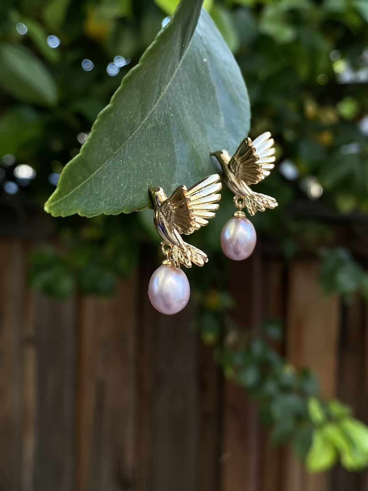 Gold Hummingbird Pearl Drop Earrings Nature Inspired Jewelry