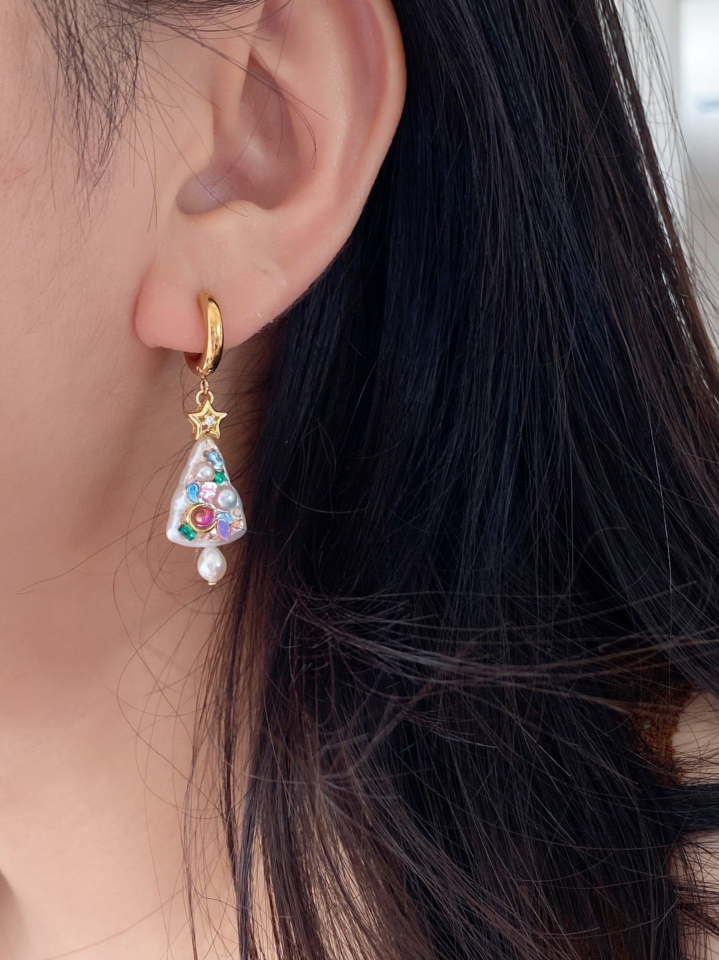 Handmade Christmas Tree Dangle Earrings | Unique Baroque Pearl Drops | Tarnish-Free Hoops