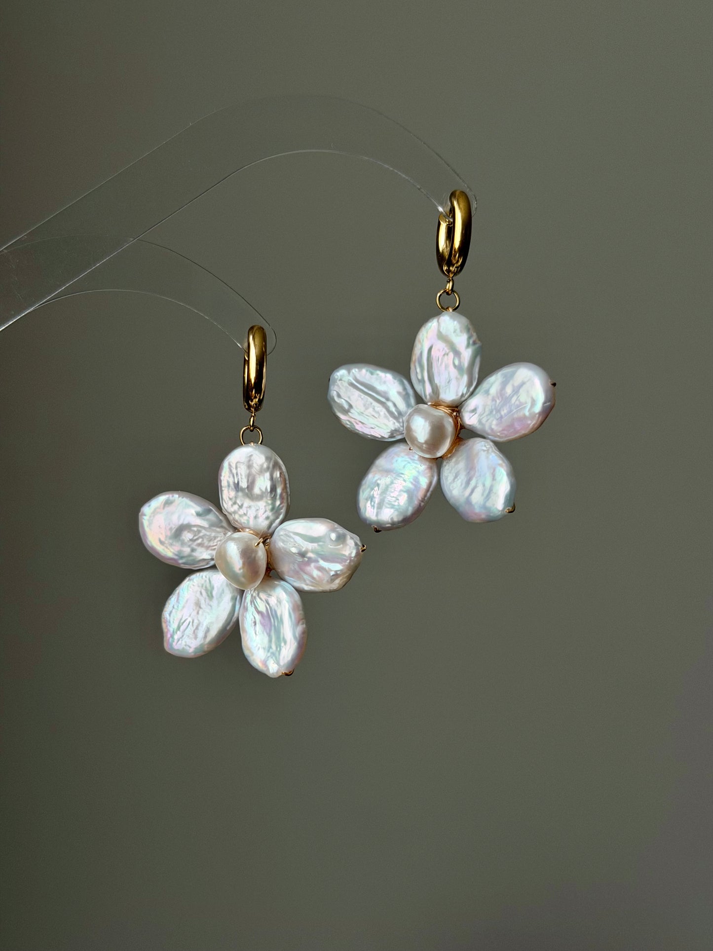 Cherry Blossom Baroque Pearl Earrings Jumbo Chunky Floral Dangle Earrings Handmade Statement Flower Pearl Earrings Spring Jewelry Gift