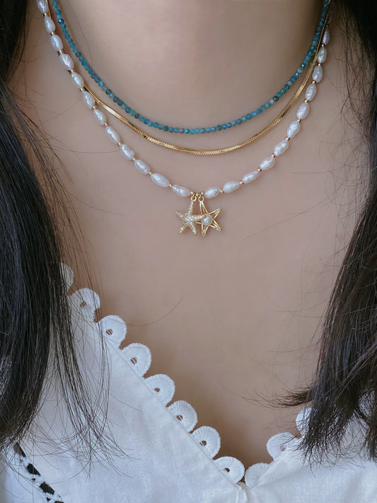 Minimalist Baroque Keshi  Pearl Gold Bead Starfish Necklace High Luster  Dainty Pearl Layering  beach Necklace Bridesmaid Gift for her