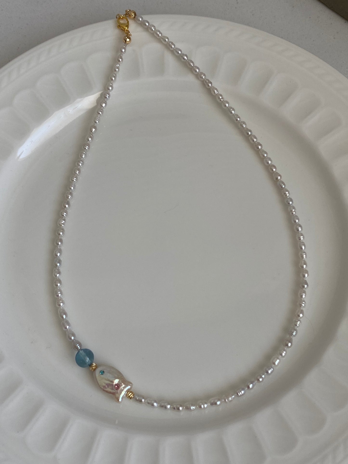 Handmade Baroque Fish Pearl Bead Chocker Necklace  Freshwater Pearl and Aquamarine Ocean Blue Necklace Bridesmaid Gift for Her birthday gift