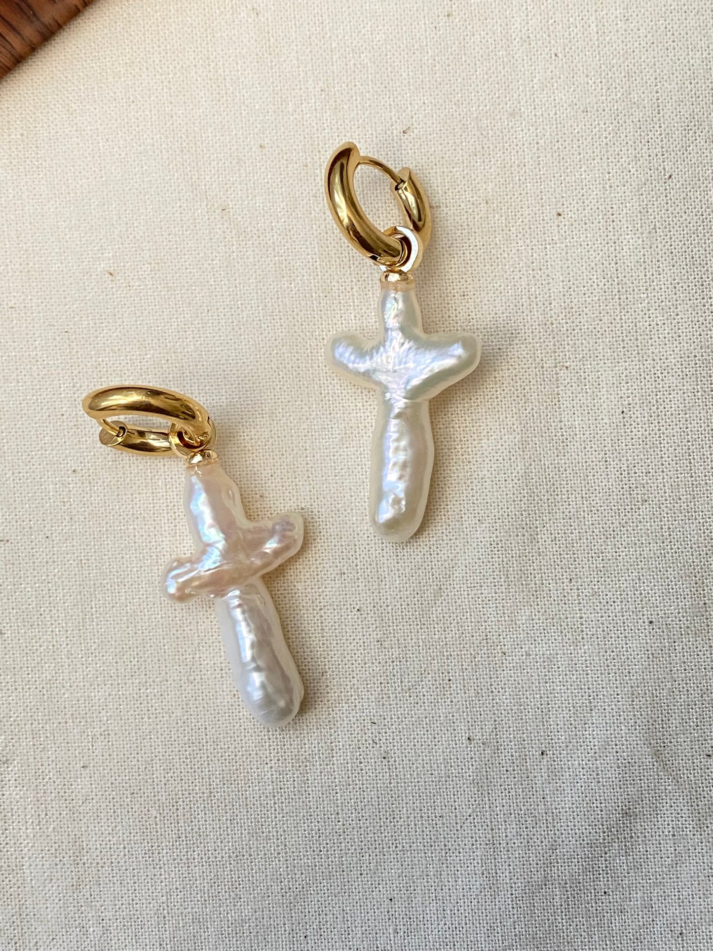 Unique Cross-Shaped Natural Baroque Pearl Earrings – Hand-woven Dangle Hoops