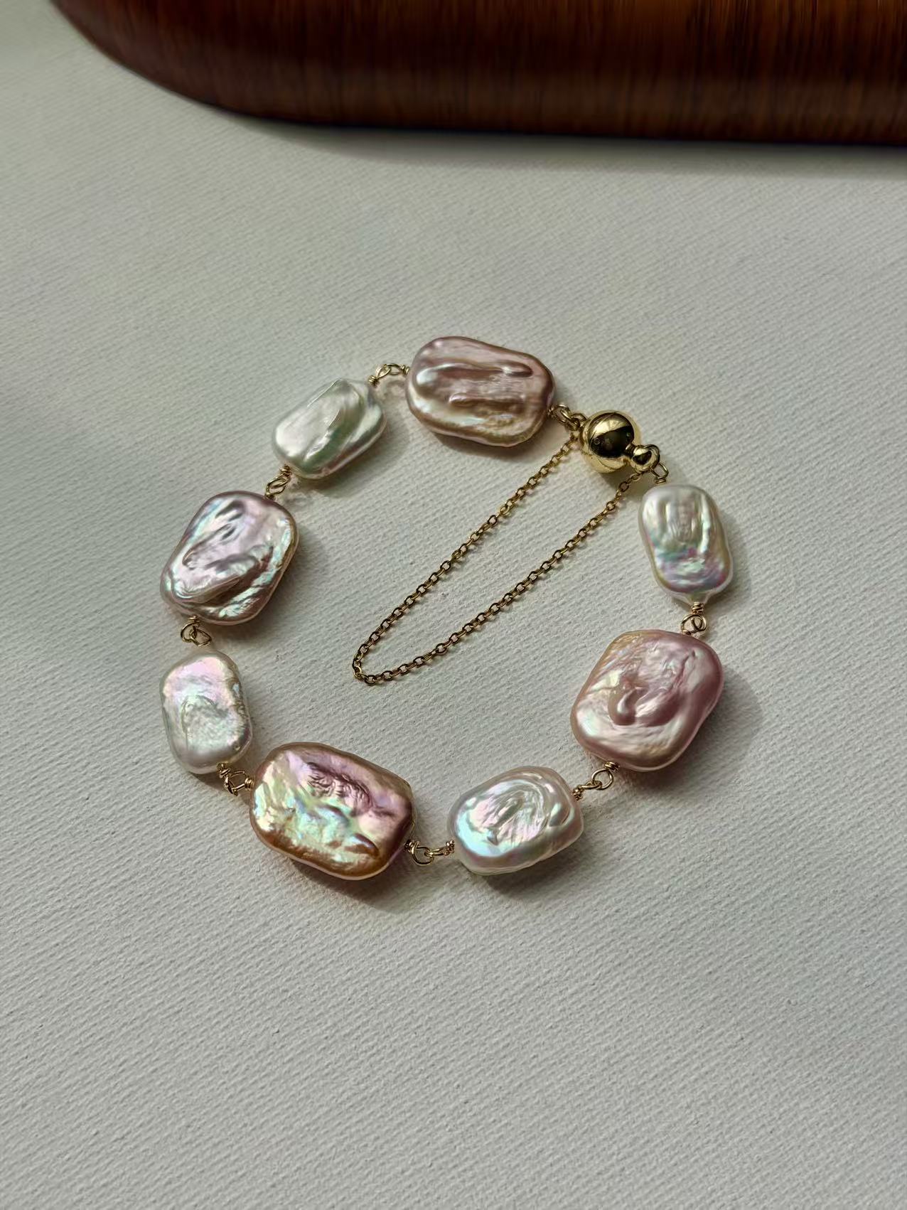 Baroque Pearl Bracelet Gold Magnetic Clasp Safety Chain Jewelry