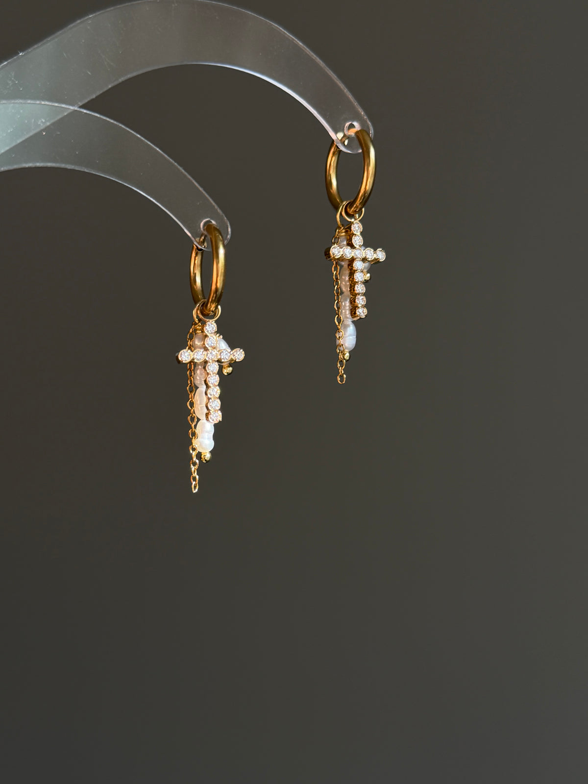 Gloria  Convertible CZ Cross & Pearl Charm Earrings