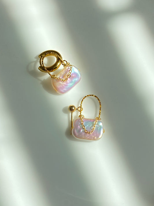 Baroque Pearl Mini Shoulder Bag Earrings  Gold Plated Hoop Purse Dangle Handmade Unique Luster Pearl Statement Jewelry Birthday Gift for Her