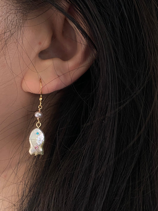 Unique Baroque Pearl Earrings with Zircon Earring  Rocky Fish Dangle Earring Elegant Dainty Pearl Earrings Gift Friendship gift
