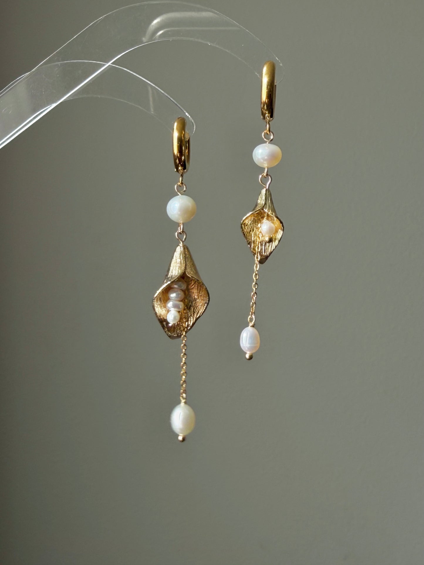 Gold Floral Calla Lily Pearl Tassel Dangle  Earrings  Wedding Bridal Jewelry  Elegant Statement Gift