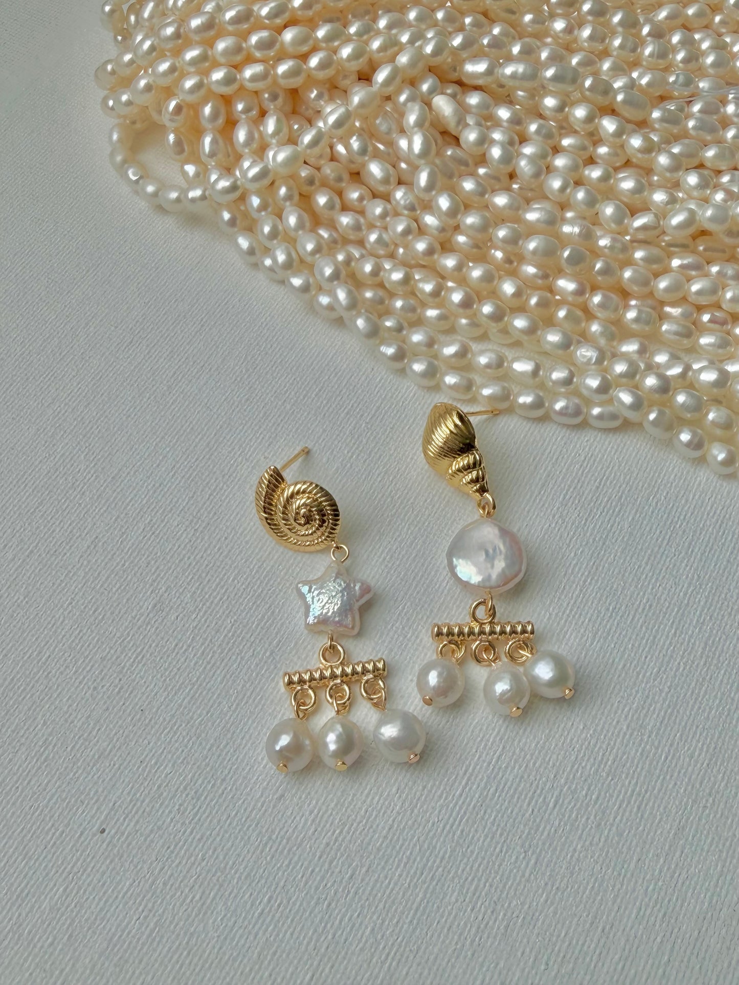 Unique Sun & Starfish Pearl Earrings, Baroque Star Pearl Chandelier, Nautical Gold Shell Dangles, Mermaid Core Jewelry, Ocean Gift for Her