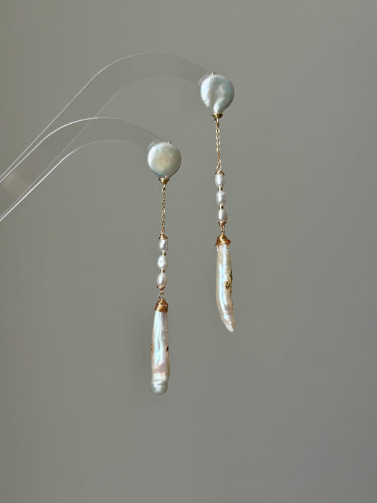 Nora Lunar Tassel Dangle Earrings  Moon Coin Pearl  Baroque Stick Pearl Drop  Long Celestial Statement Earring Bridesmaid Gift