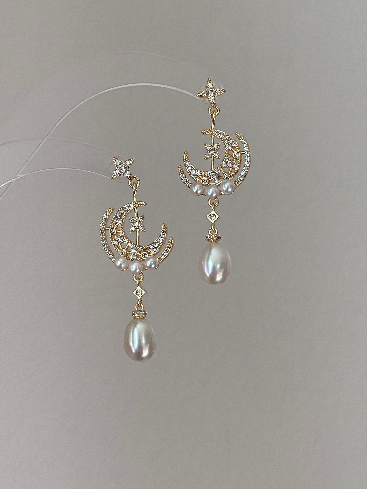 Star & Moon Pearl Dangle Earrings | High Luster Bridal Jewelry | 18K Gold Plated - Jinger Crafting