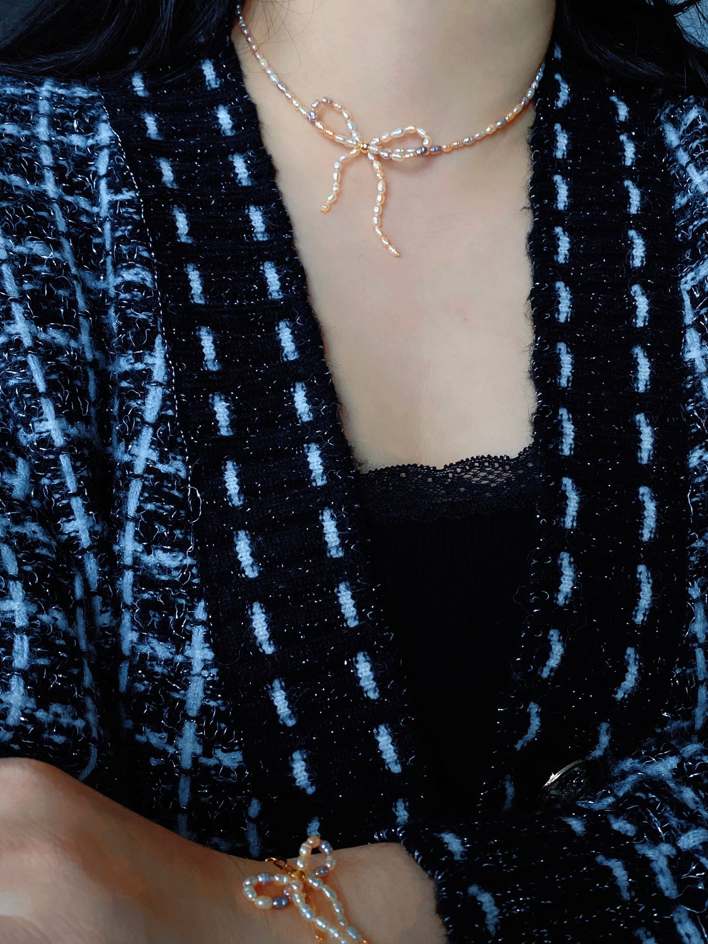 Mixed Color Pearl Ribbon Necklace & Earring Set | Elegant Bow Jewelry | 18K Gold Plated