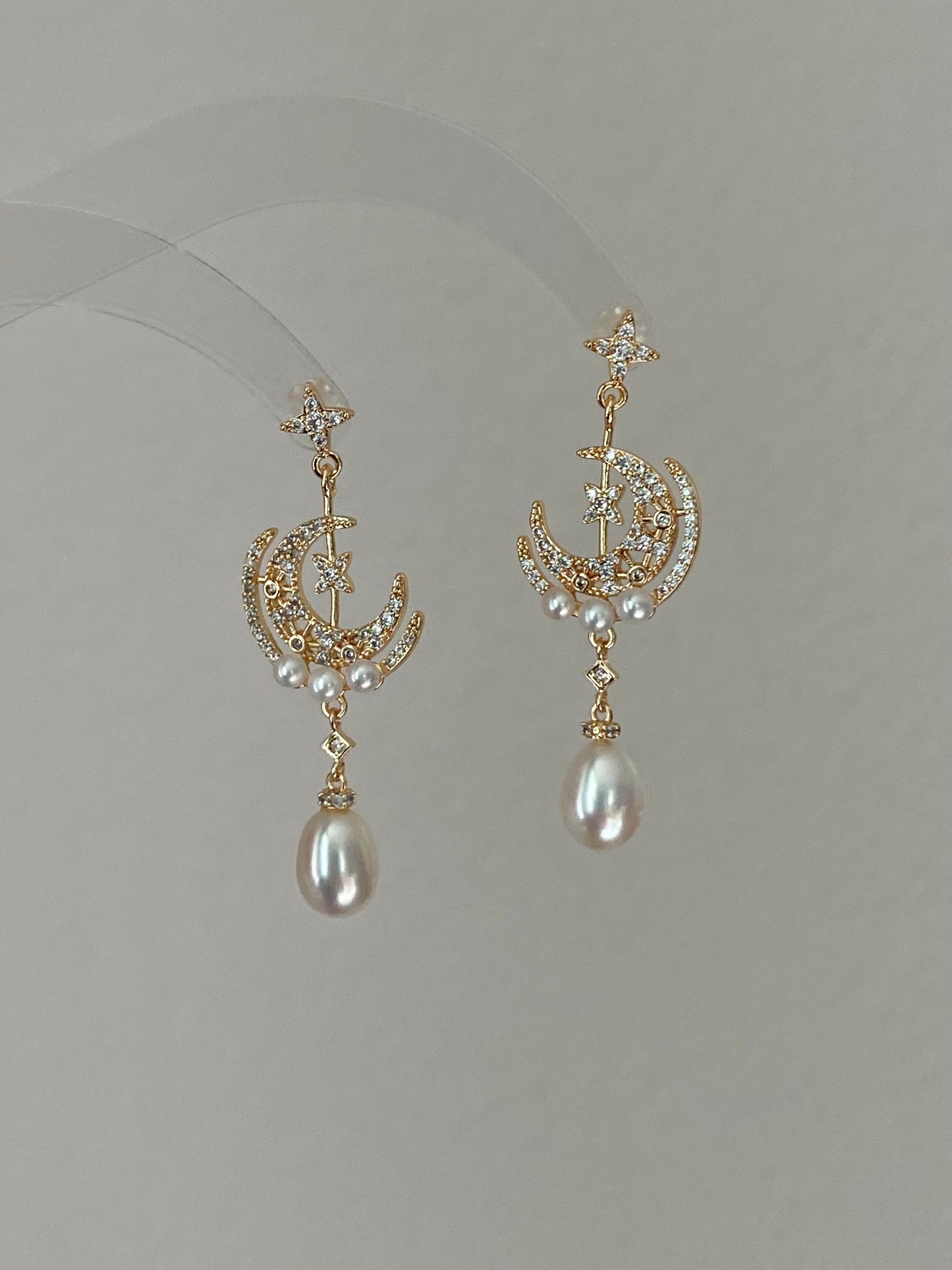 Star & Moon Pearl Dangle Earrings | High Luster Bridal Jewelry | 18K Gold Plated - Jinger Crafting