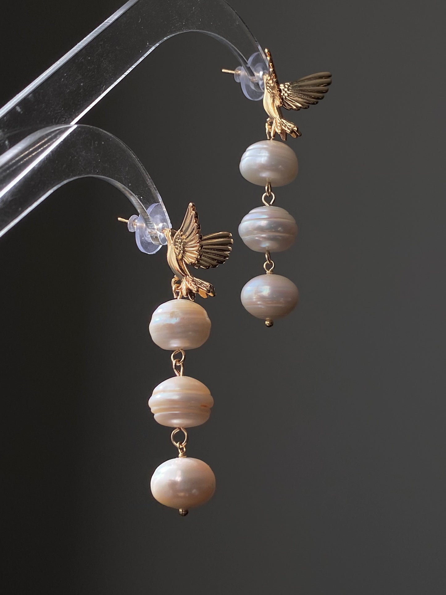 Baroque Triple Pearl Drop Earrings with Gold Hummingbird Studs – Elegant Nature-Inspired Statement Weddings Earrings