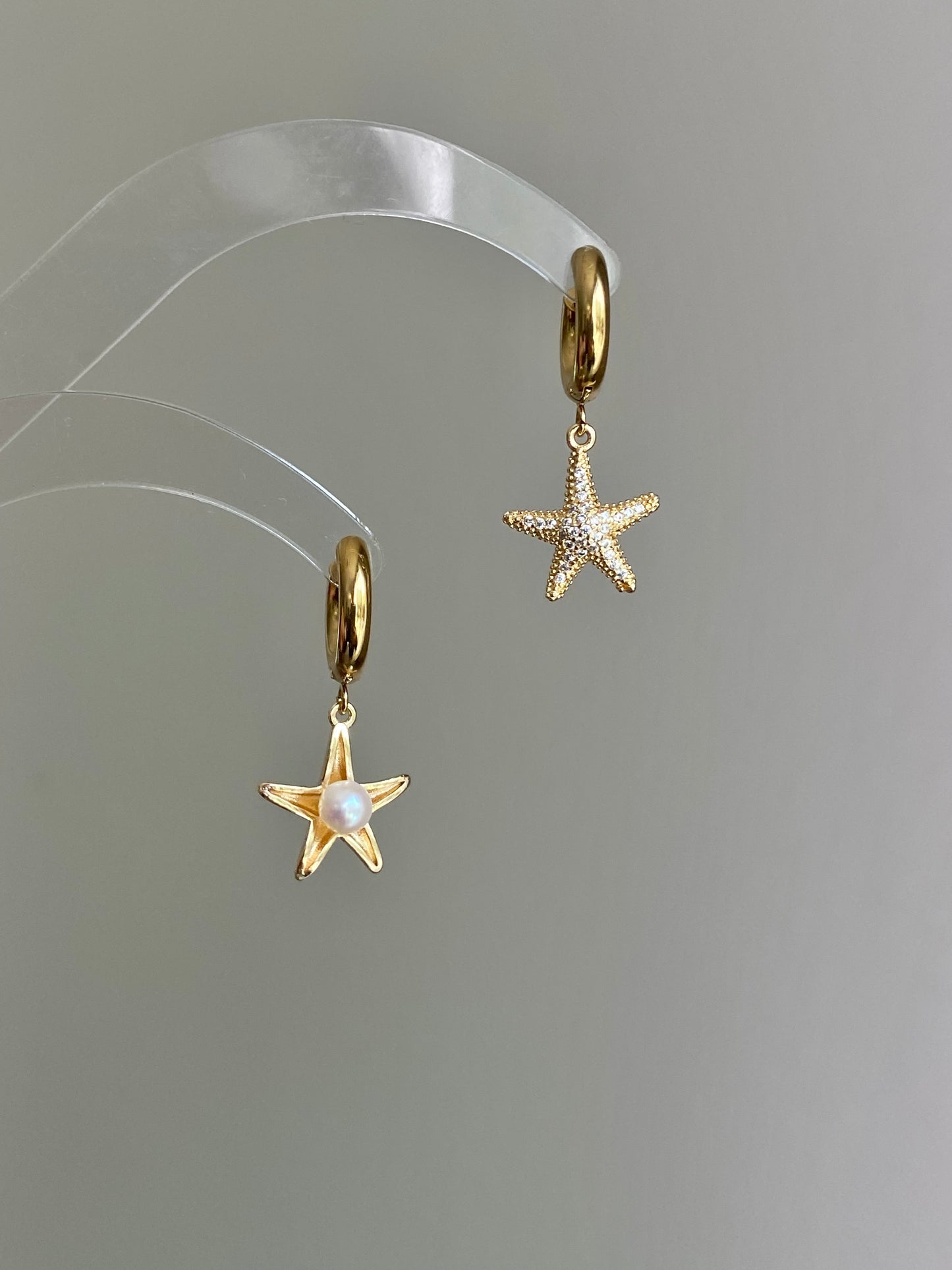 starfish shell Akoya earrings, mismatched earrings, zircon earrings, asymmetrical earrings,  pearl pendant, elegant Dainty gift for her