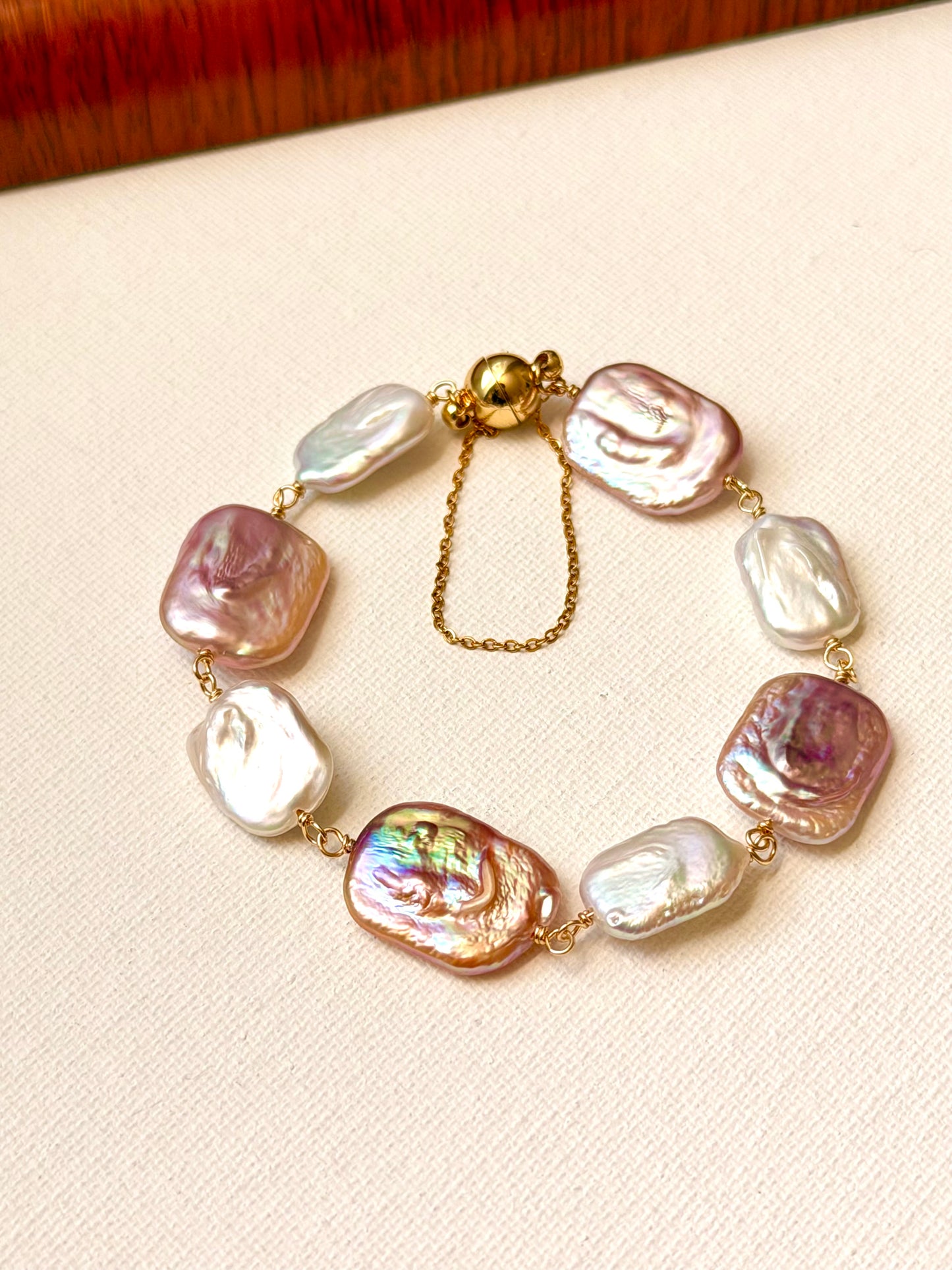 Baroque Pearl Magnetic Clasp Bracelet with Safety Chain – Natural Iridescent Freshwater Pearls, Gold Filled, Handmade Elegant Gift for Her