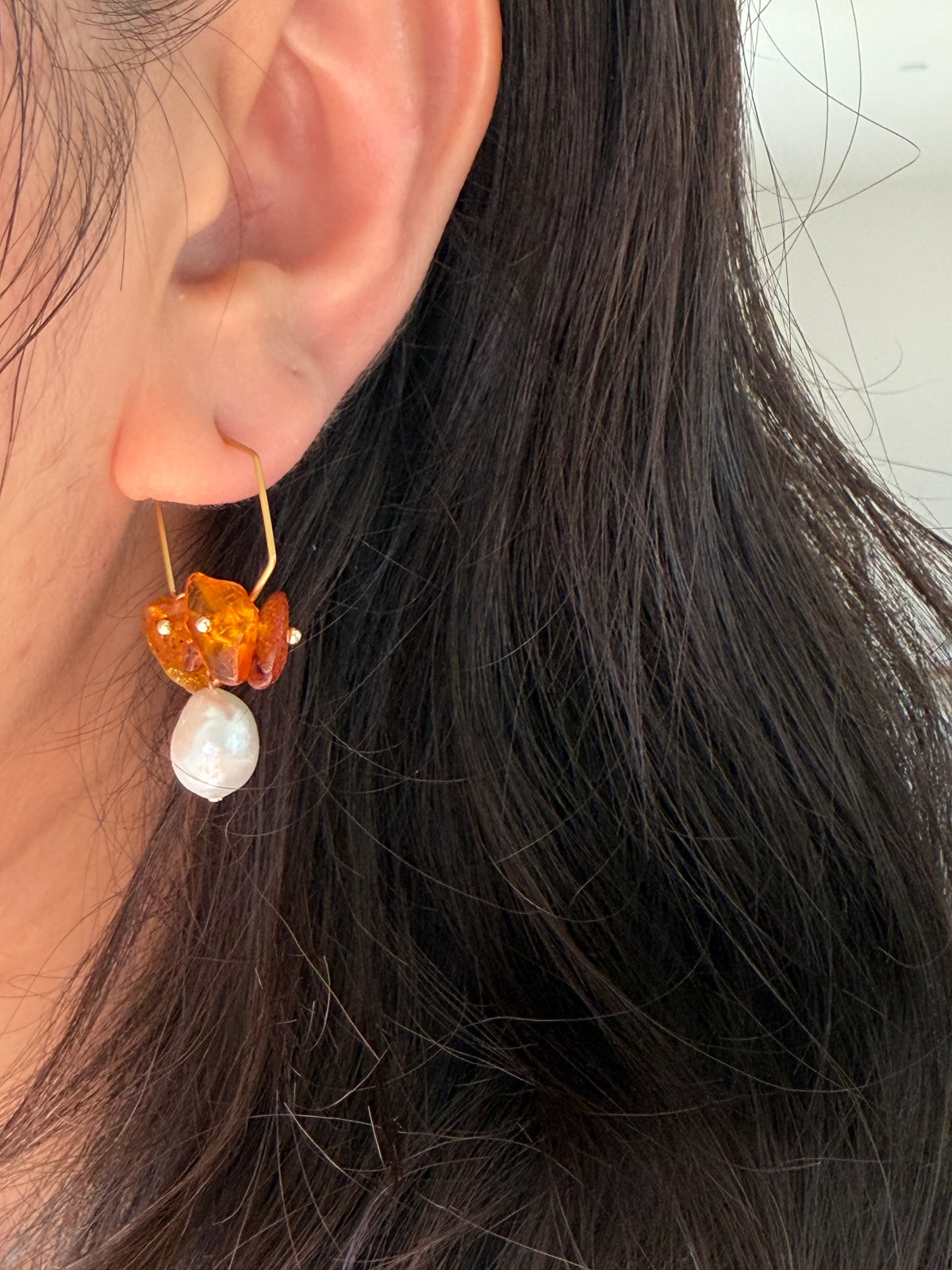 Baltic Amber & Large Baroque Pearl Wreath Hoop Earrings | Autumn Caramel Collection