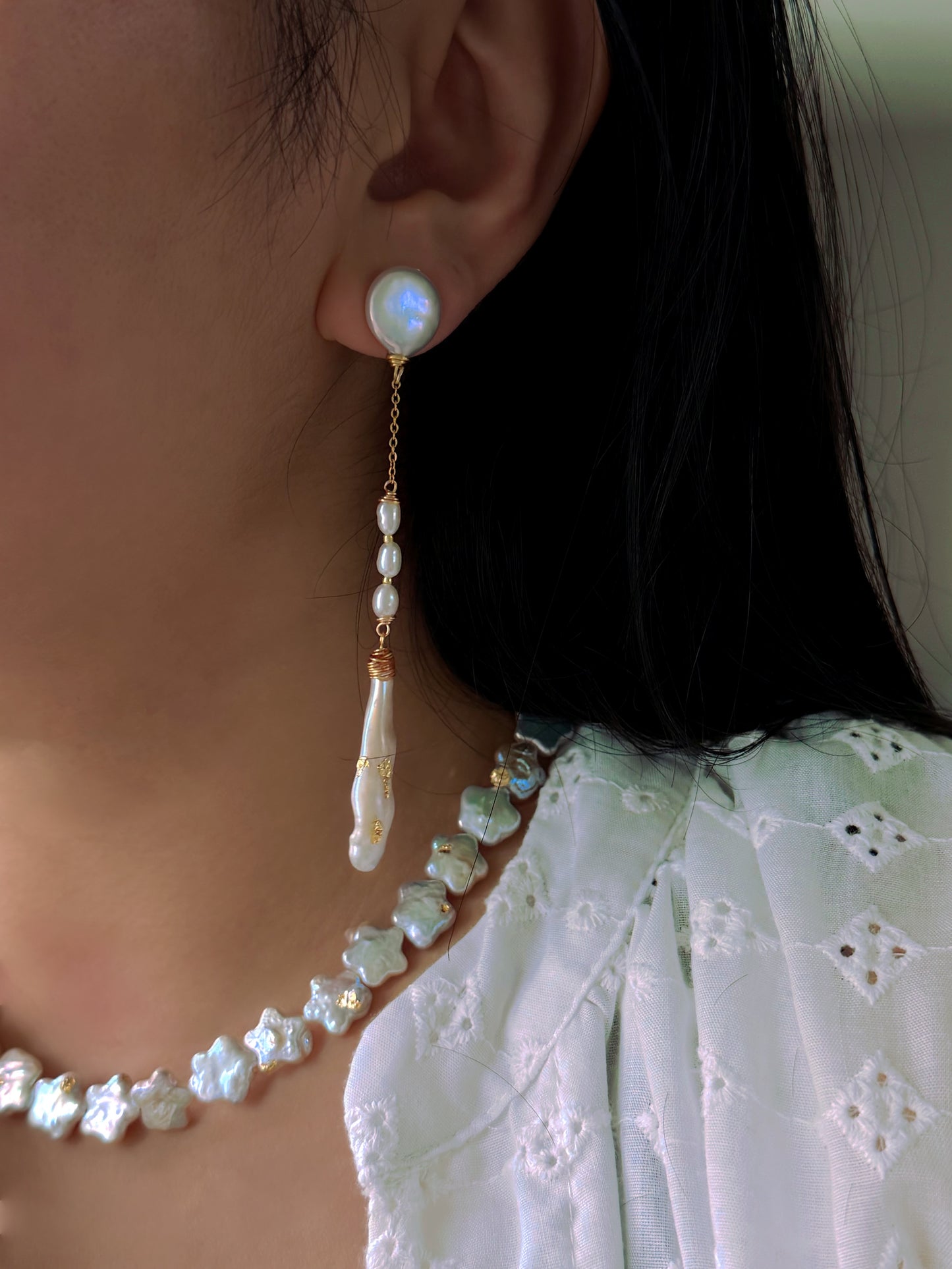 Nora Lunar Tassel Dangle Earrings  Moon Coin Pearl  Baroque Stick Pearl Drop  Long Celestial Statement Earring Bridesmaid Gift