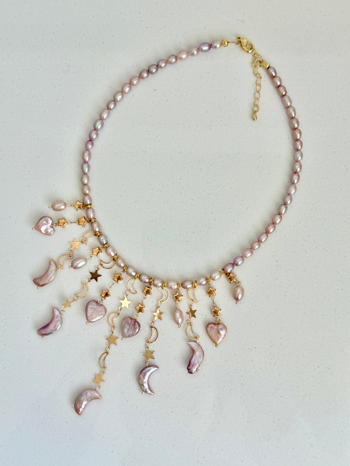 Lavender Baroque Pearl Necklace, Moon Star Heart Charm Tassel Jewelry-LUNARIA