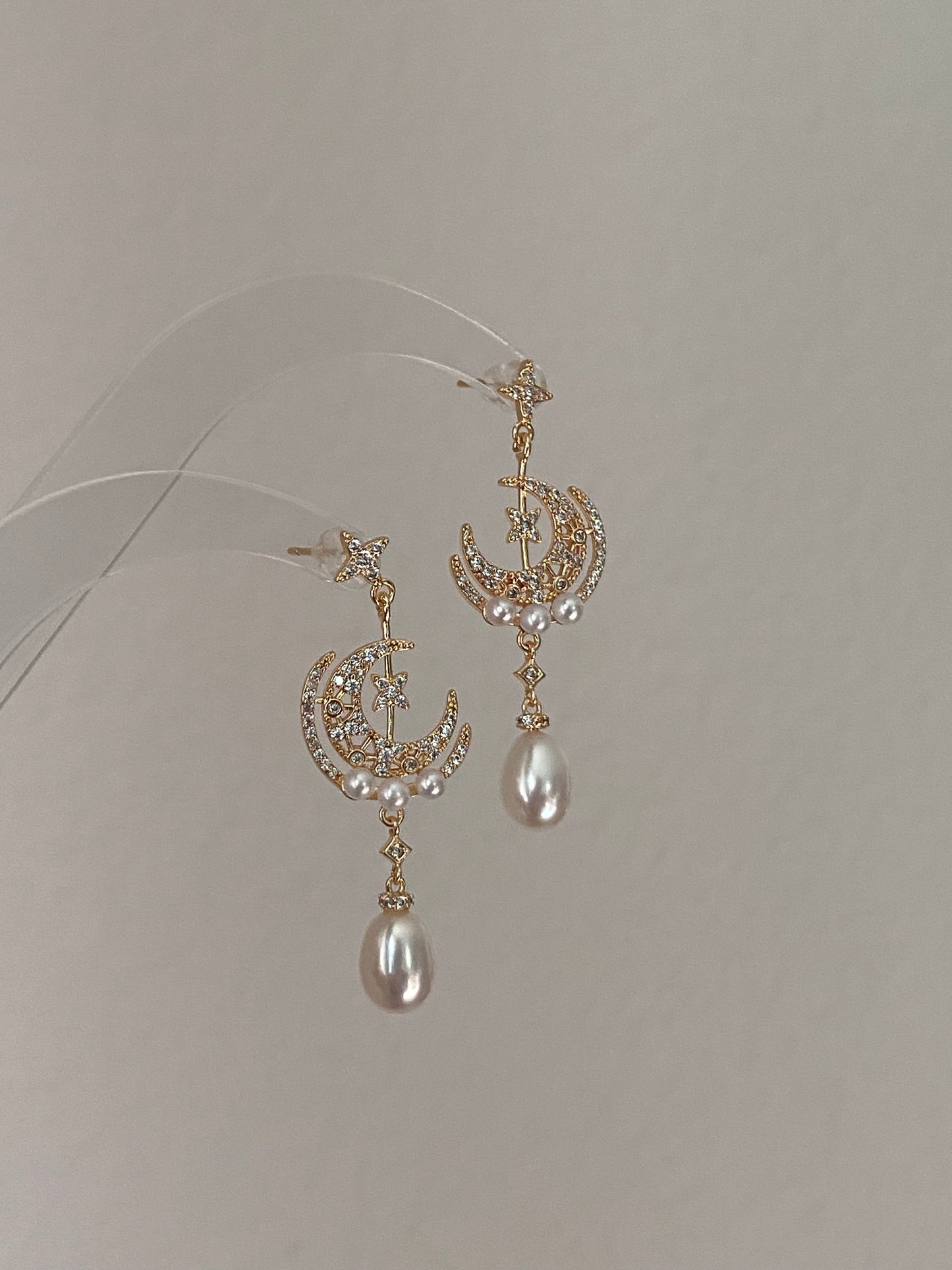 Star & Moon Pearl Dangle Earrings | High Luster Bridal Jewelry | 18K Gold Plated - Jinger Crafting