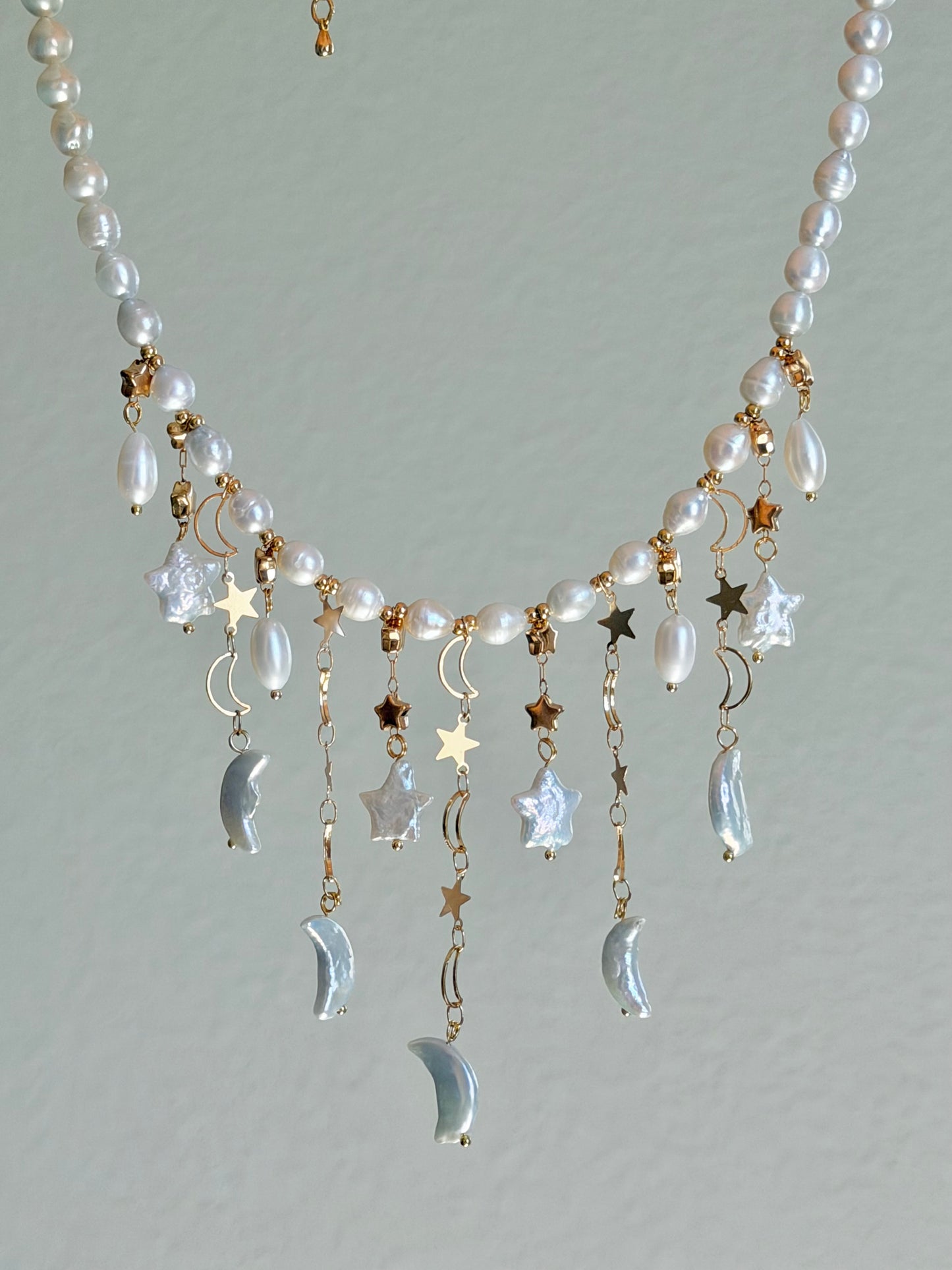Moon & Star Baroque Pearl Necklace | LUNA Collection, Celestial Freshwater Pearl Fringe Necklace, Handmade Bridal Jewelry