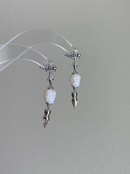 Hand-Carved Skull Pearl Cross Drop Earrings Gothic Pearl Spike Earrings  Everyday Edge Halloween Bold Dard Limited edition gift for him