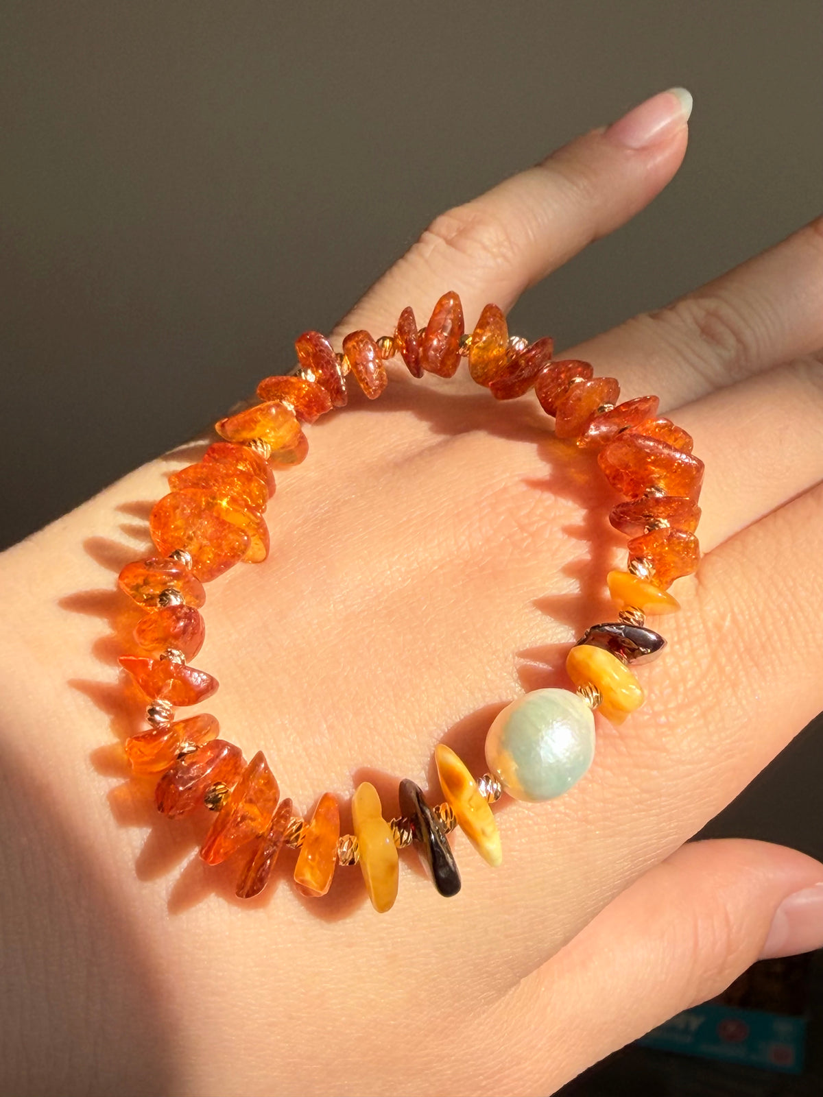 Autumn Fall Color Baltic Amber & Baroque Pearl Stretch Bracelet | Handmade Warm-Tone Jewelry