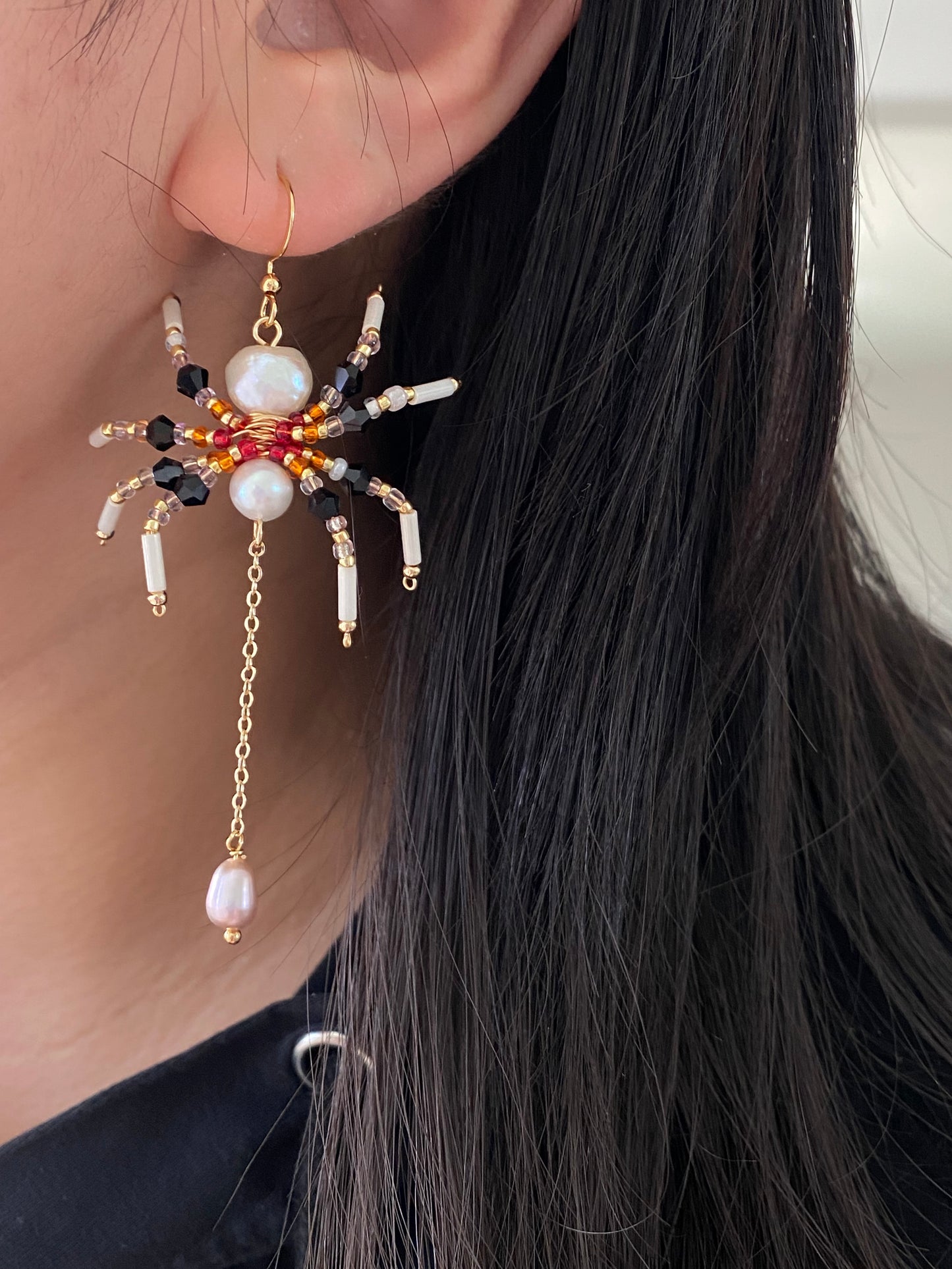 Limited edition Halloween Statement  Freshwater Pearl Spider Earrings Handmade Baroque Pearl Spider Dangle Gothic Asymmetrical Earrings