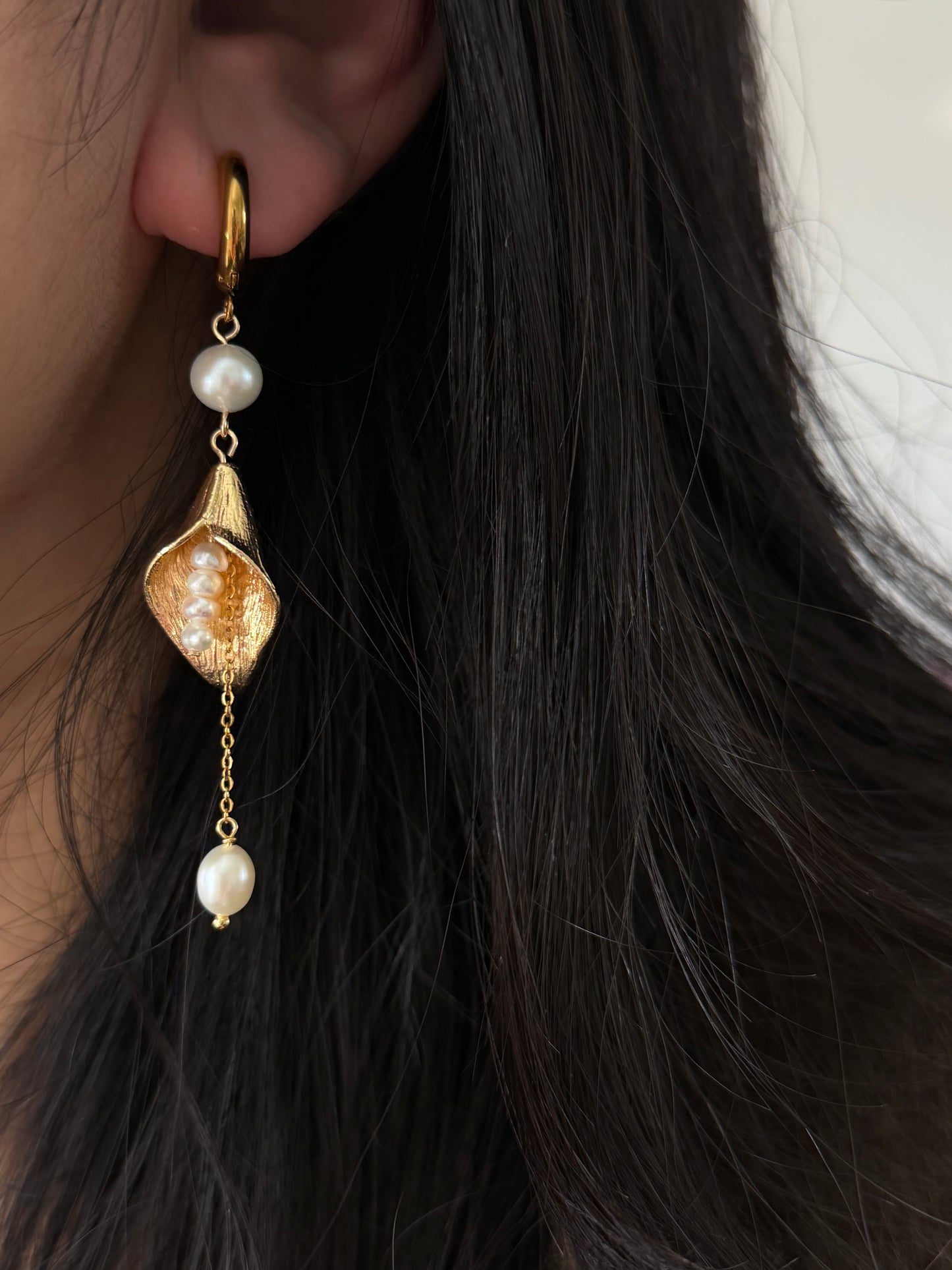 Gold Floral Calla Lily Pearl Tassel Dangle  Earrings  Wedding Bridal Jewelry  Elegant Statement Gift