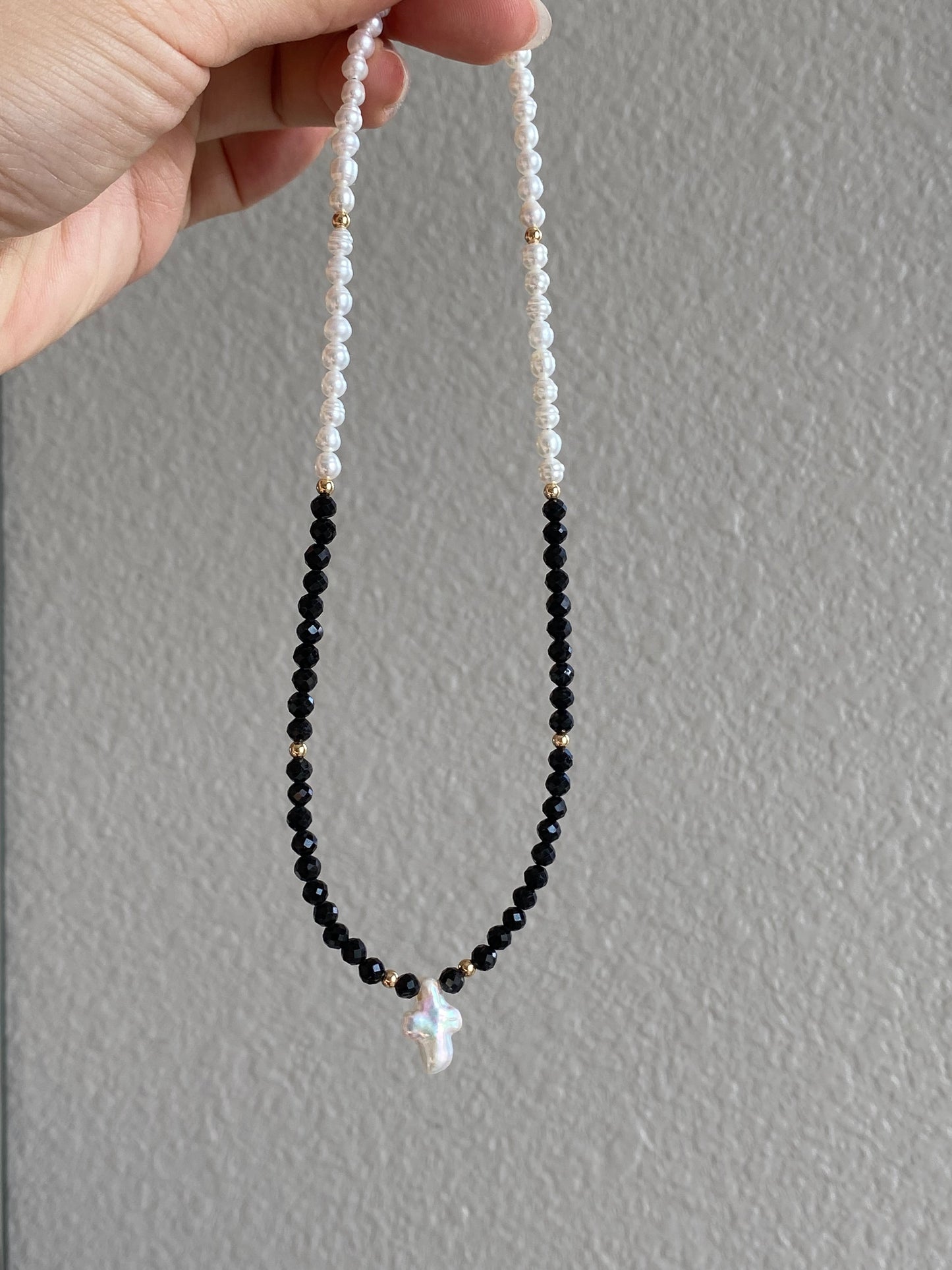 Black Spinel & Pearl Cross Necklace | Multi-Wear Double Bracelet | Tarnish-Free Gold - Your Brand
