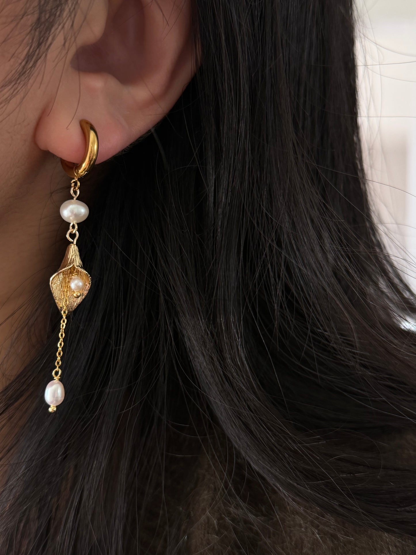 Gold Floral Calla Lily Pearl Tassel Dangle  Earrings  Wedding Bridal Jewelry  Elegant Statement Gift