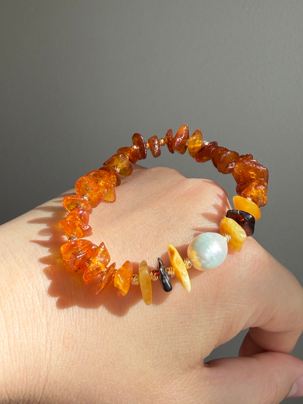Autumn Fall Color Baltic Amber & Baroque Pearl Stretch Bracelet | Handmade Warm-Tone Jewelry
