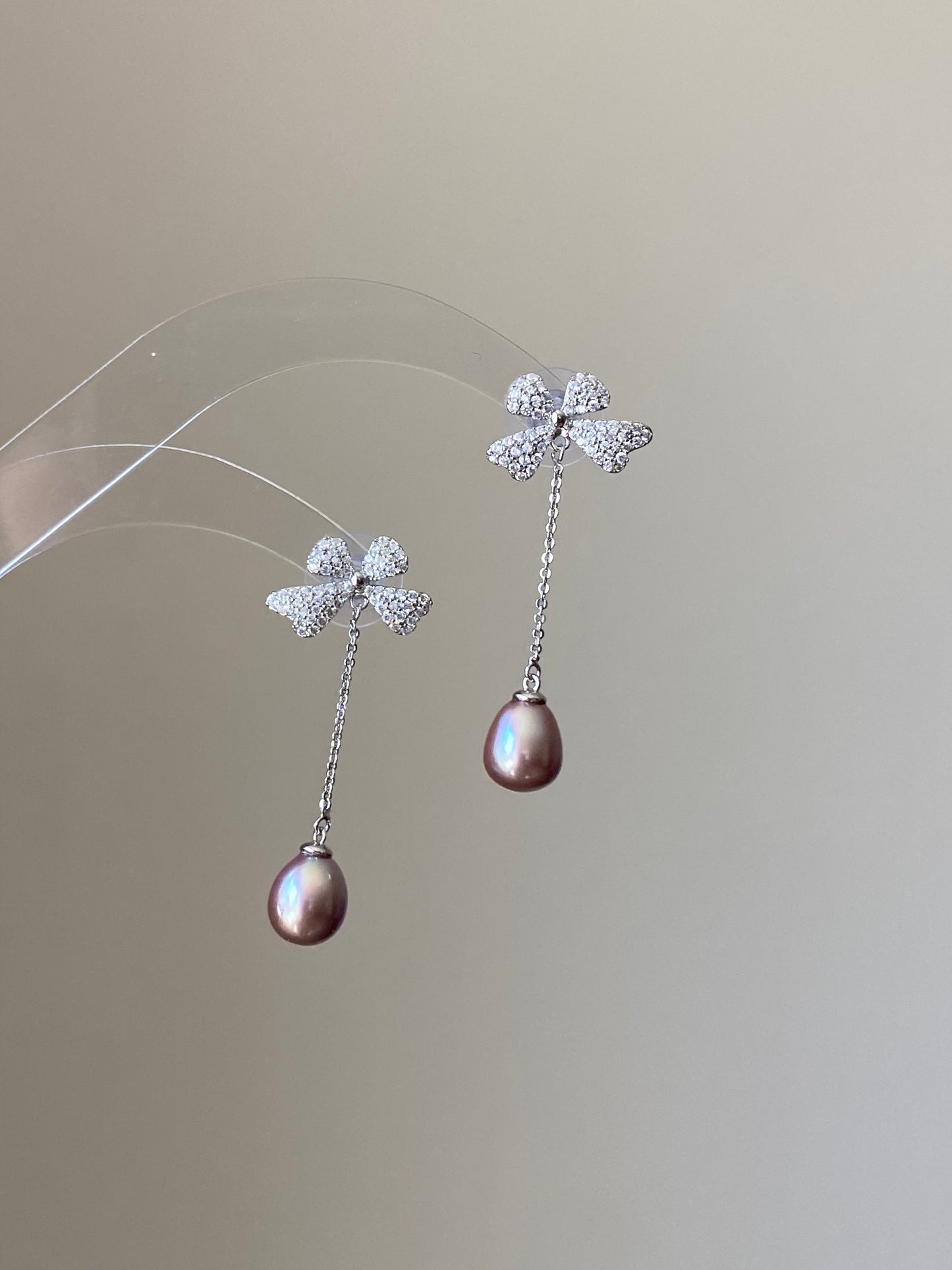Sparkling Bow Pearl Drop Earrings Purple pink water drop Dangle Earrings | Romantic Wedding Jewelry Bridesmaid Gift Dainty Gift for Her