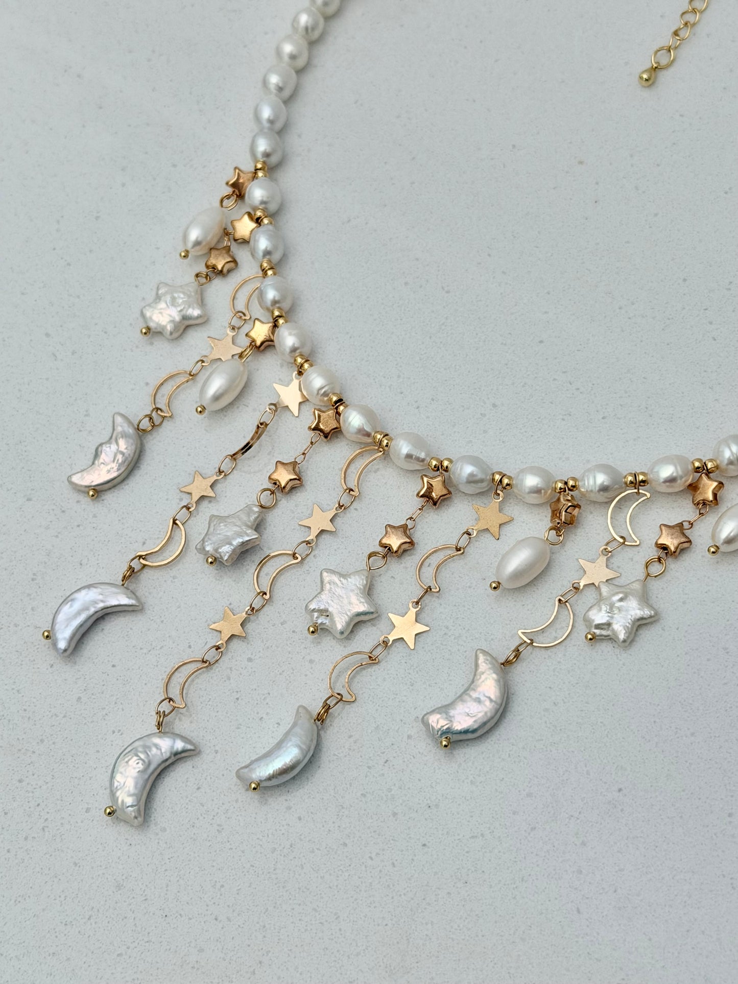 Moon & Star Baroque Pearl Necklace | LUNA Collection, Celestial Freshwater Pearl Fringe Necklace, Handmade Bridal Jewelry