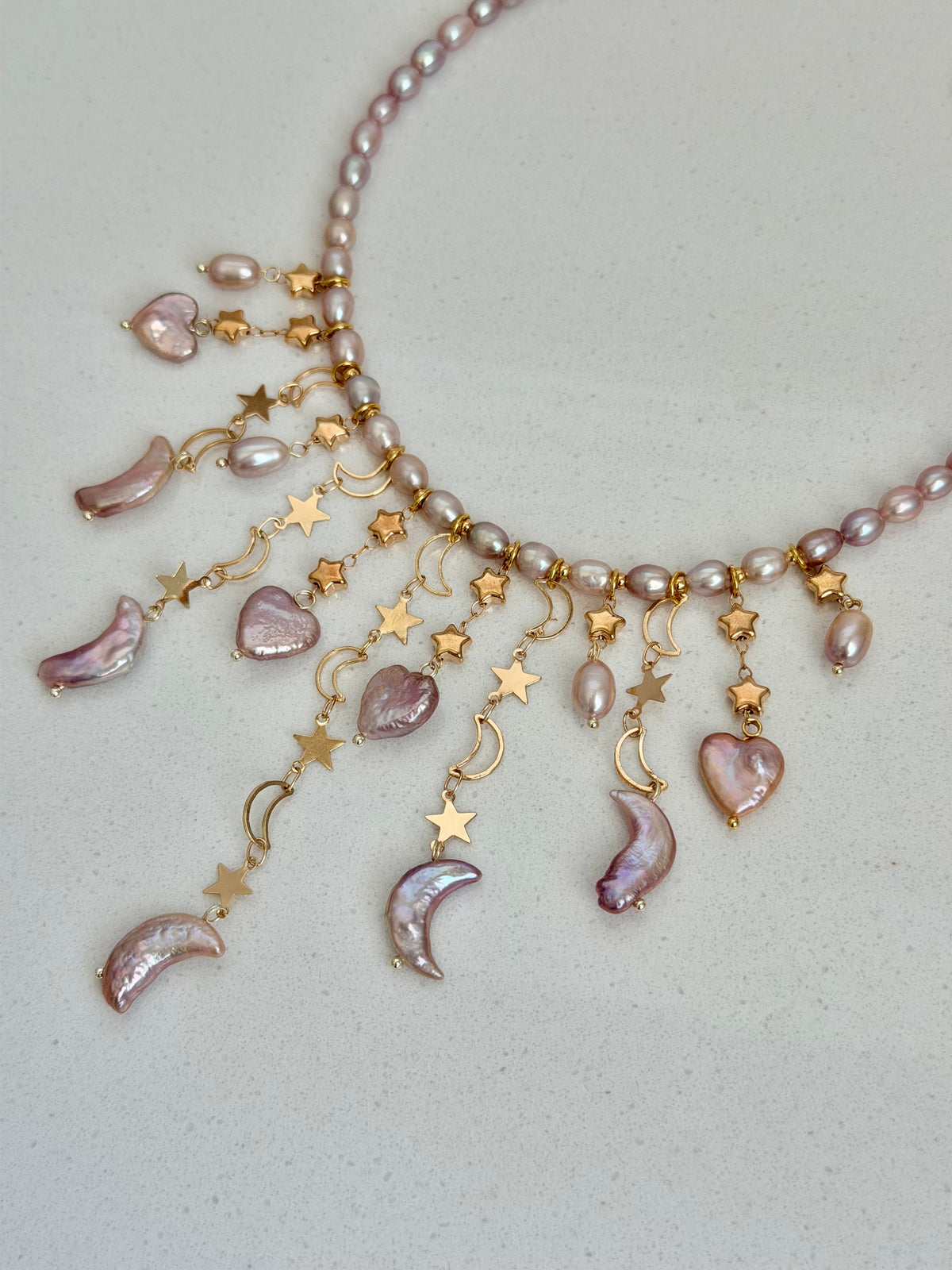 Lavender Baroque Pearl Necklace, Moon Star Heart Charm Tassel Jewelry-LUNARIA