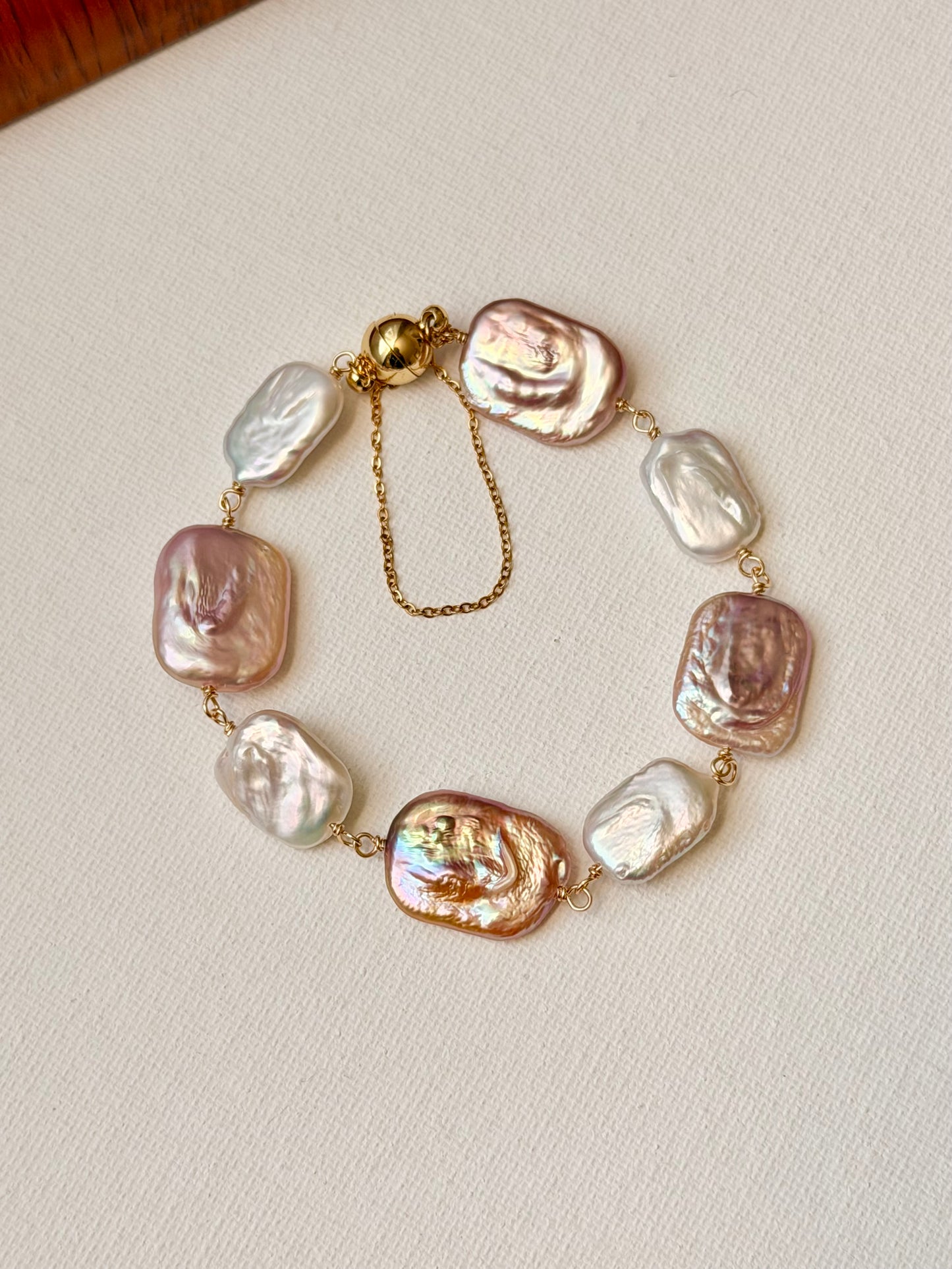 Baroque Pearl Magnetic Clasp Bracelet with Safety Chain – Natural Iridescent Freshwater Pearls, Gold Filled, Handmade Elegant Gift for Her