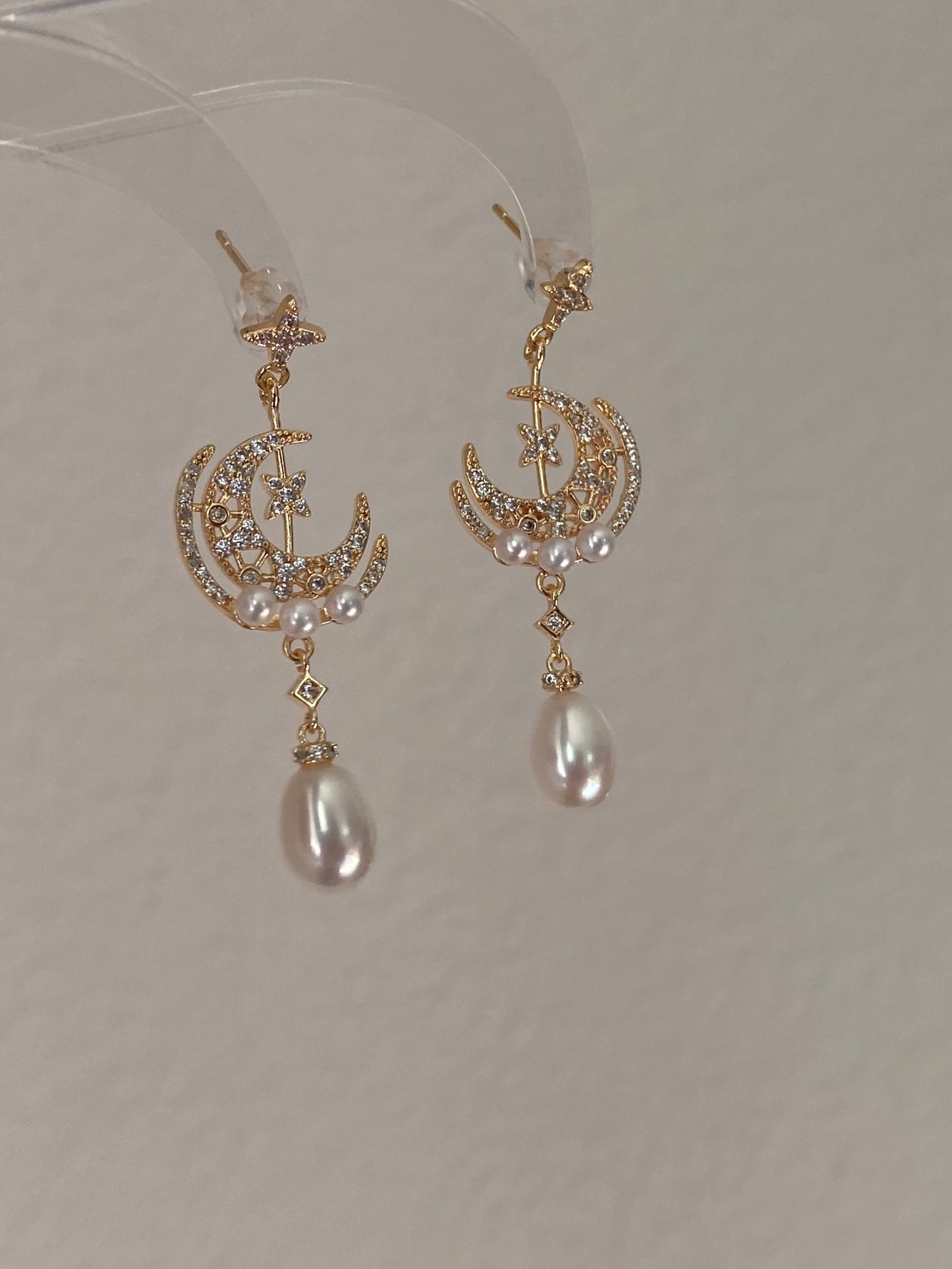 Star & Moon Pearl Dangle Earrings | High Luster Bridal Jewelry | 18K Gold Plated - Jinger Crafting