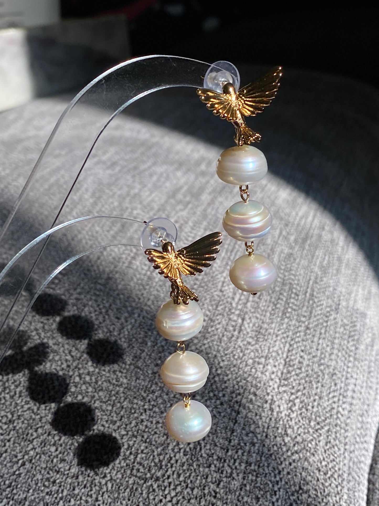 Baroque Triple Pearl Drop Earrings with Gold Hummingbird Studs – Elegant Nature-Inspired Statement Weddings Earrings