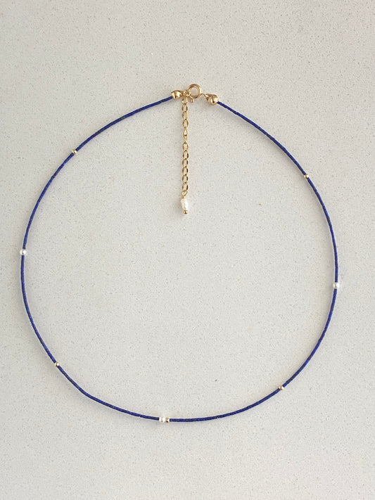 Unique found 1mm Lapis Lazuli  Tiny Pearl Choker Necklace Dainty Minimalist Beaded Necklace  Dainty Layering Necklace ultra thin choker