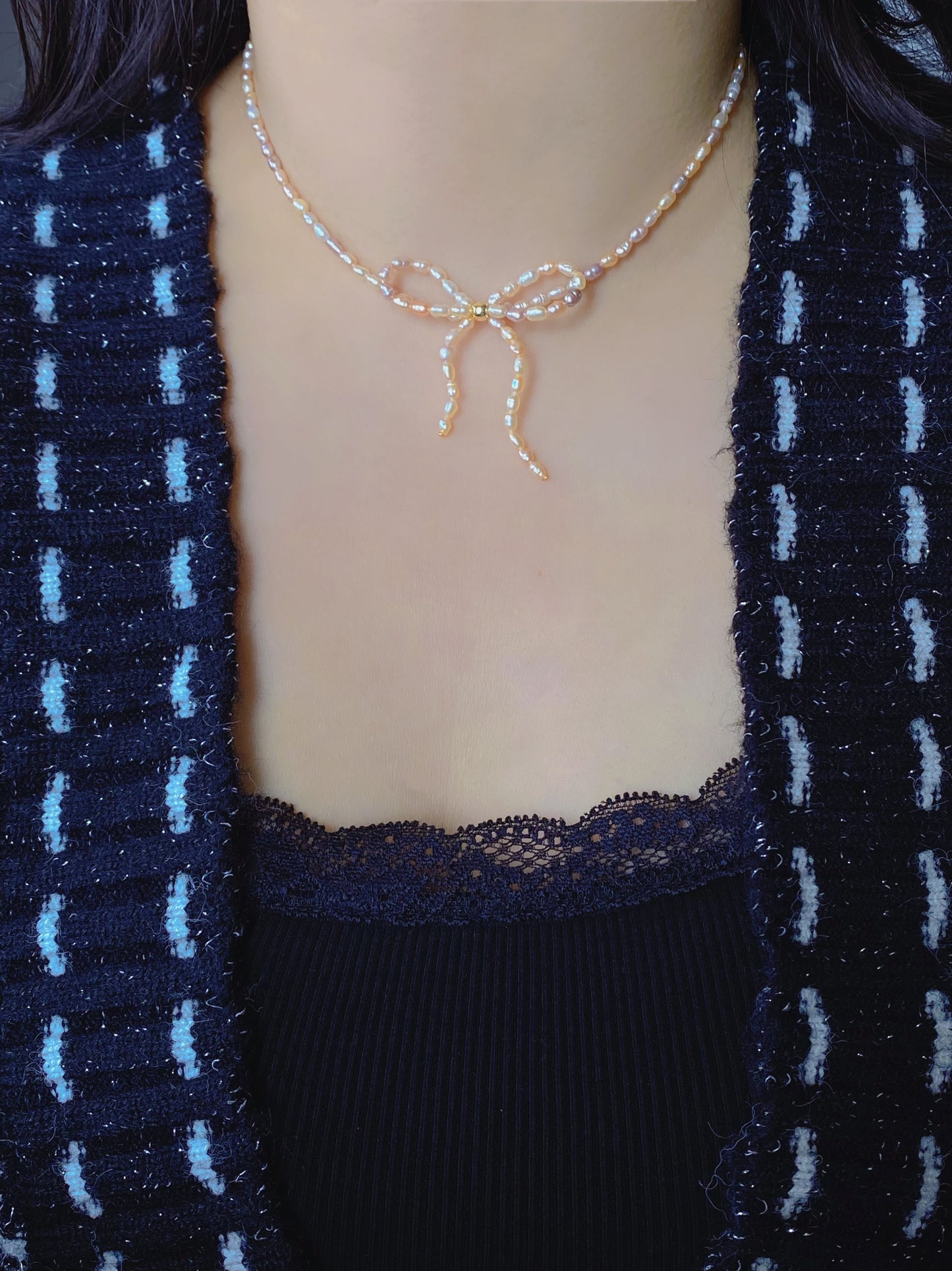 Mixed Color Pearl Ribbon Necklace & Earring Set | Elegant Bow Jewelry | 18K Gold Plated