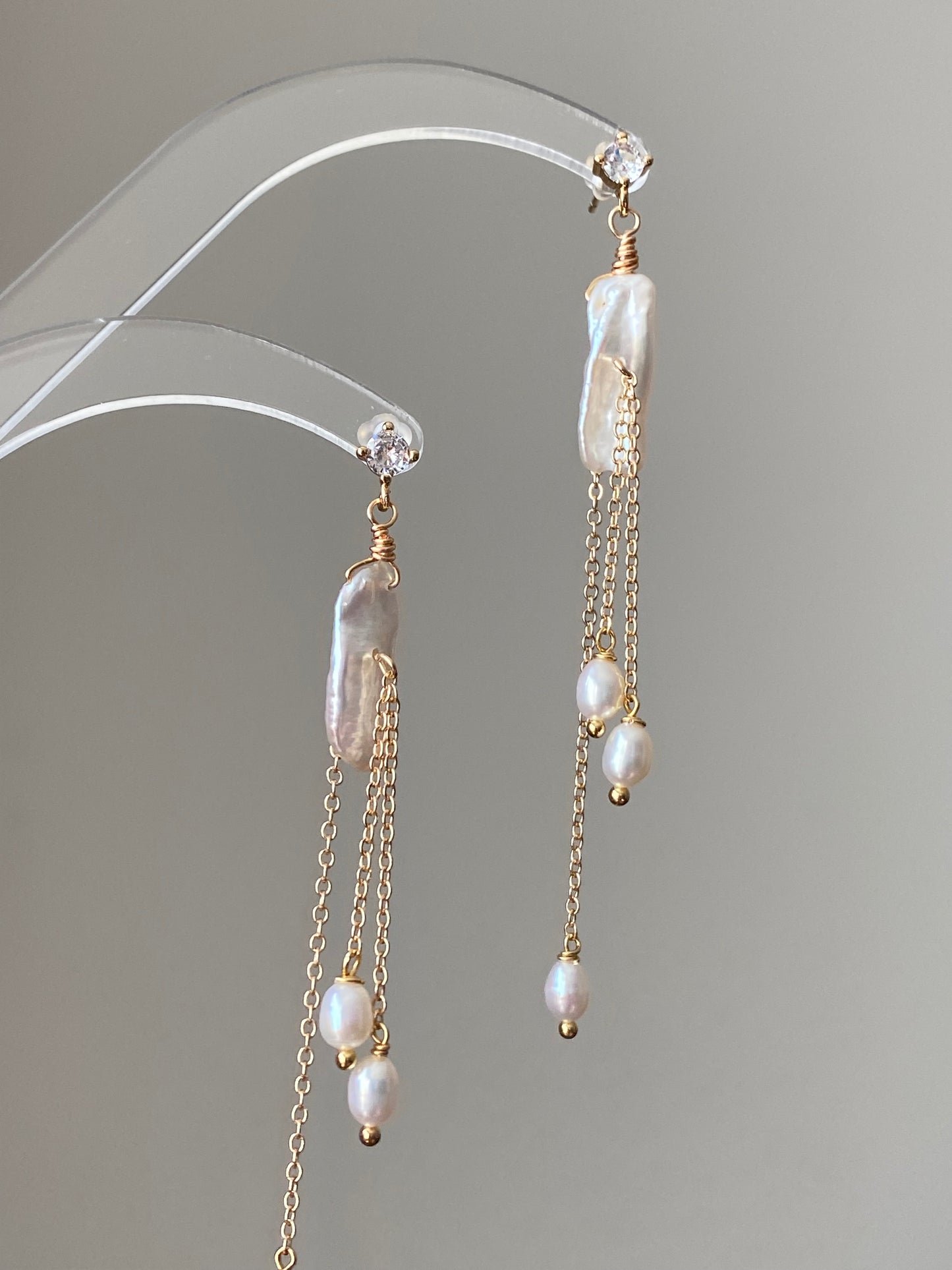 Freshwater Pearl Tassel Earrings, Long Baroque Pearl Dangle Earrings, Gold Chain Bridal Earrings, Elegant Drop Dainty Earrings gift for her